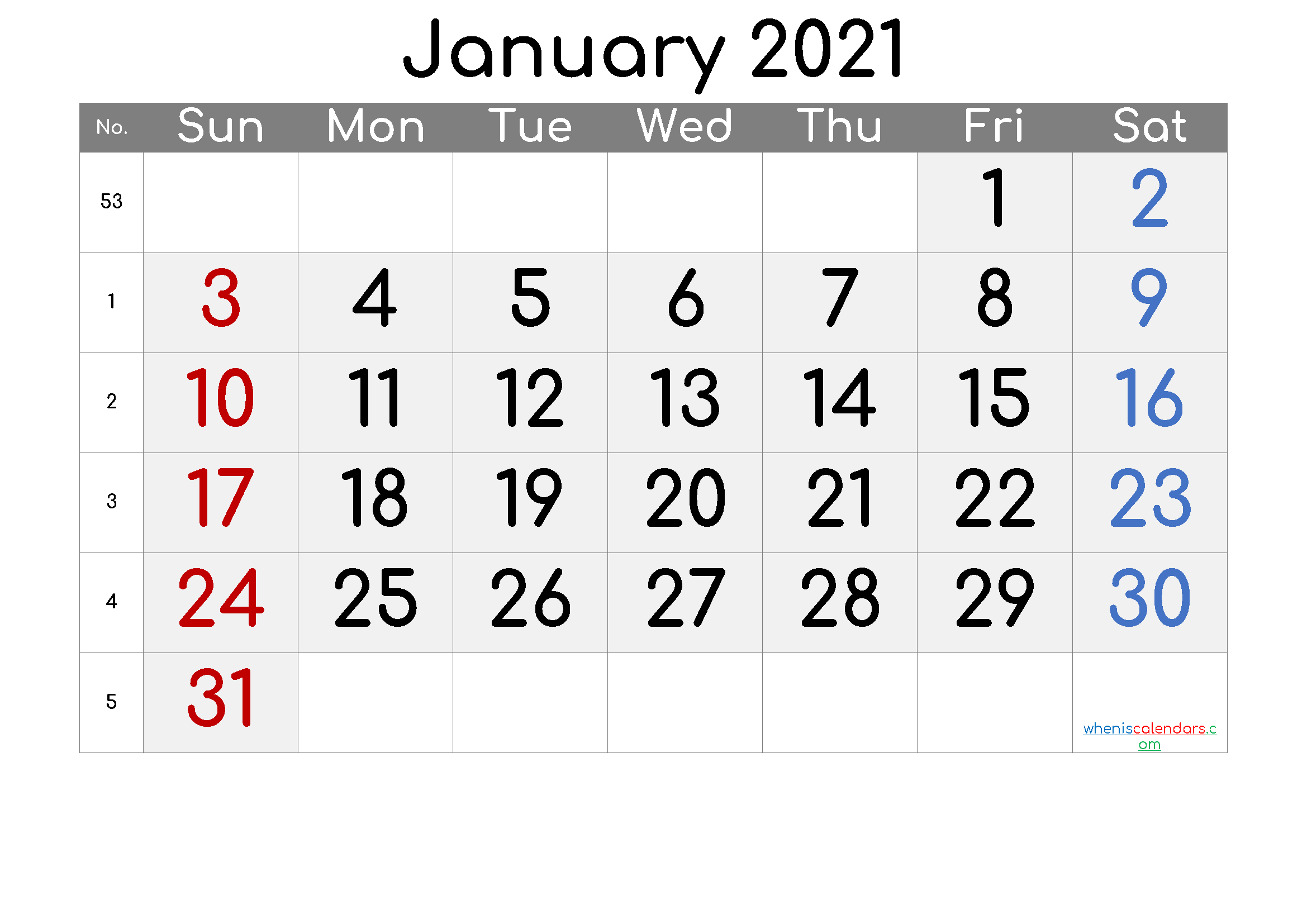 January 2021 Printable Calendar With Week Numbers 6 Templates