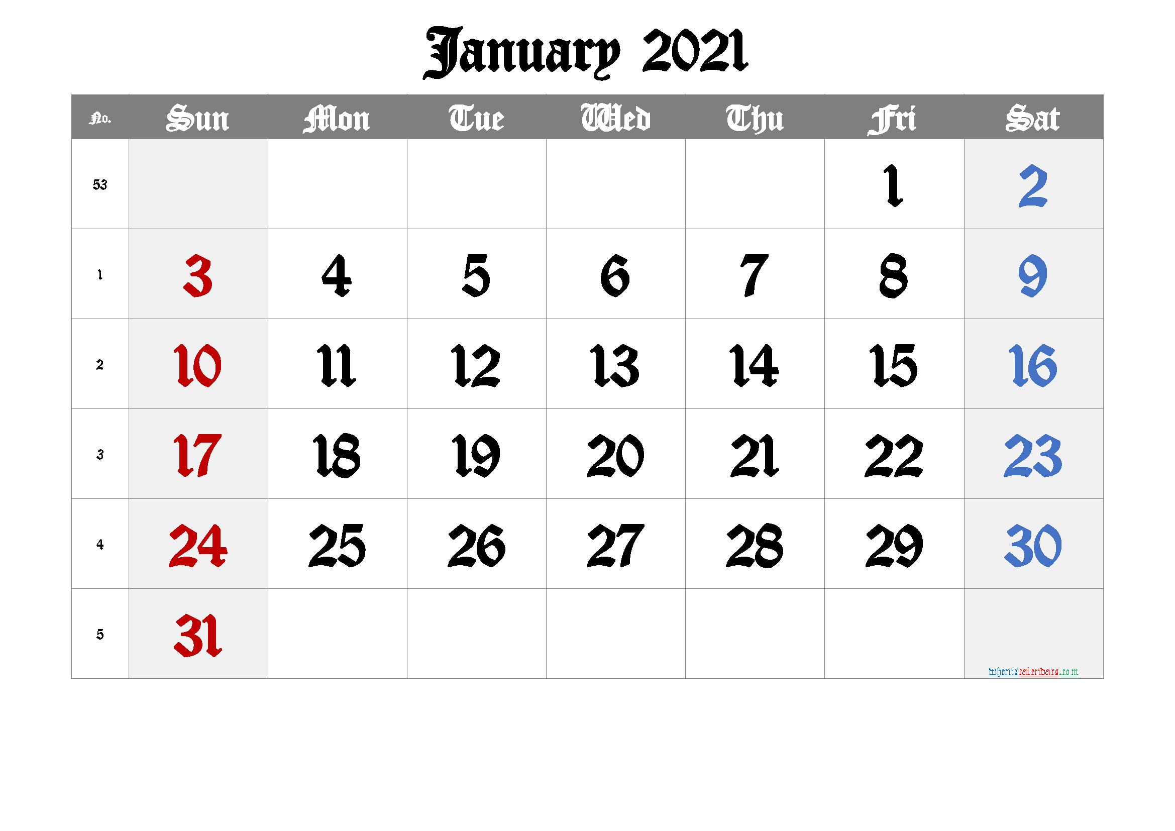 Free Printable January 2021 Calendar Premium