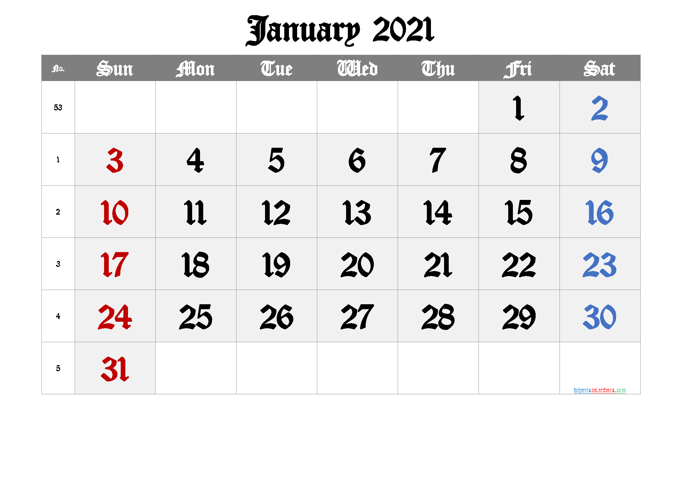 January 2021 Printable Calendar with Week Numbers [Free ...