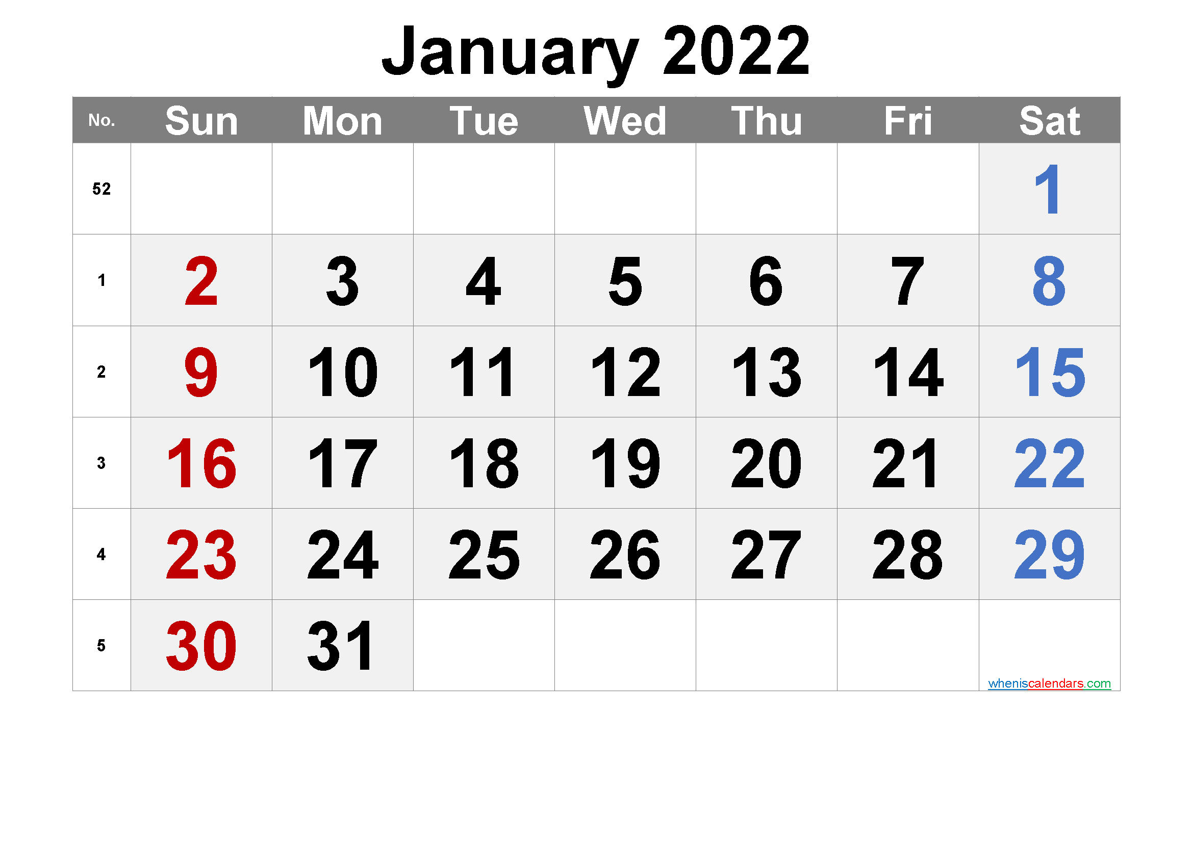 Printable January 2022 Calendar