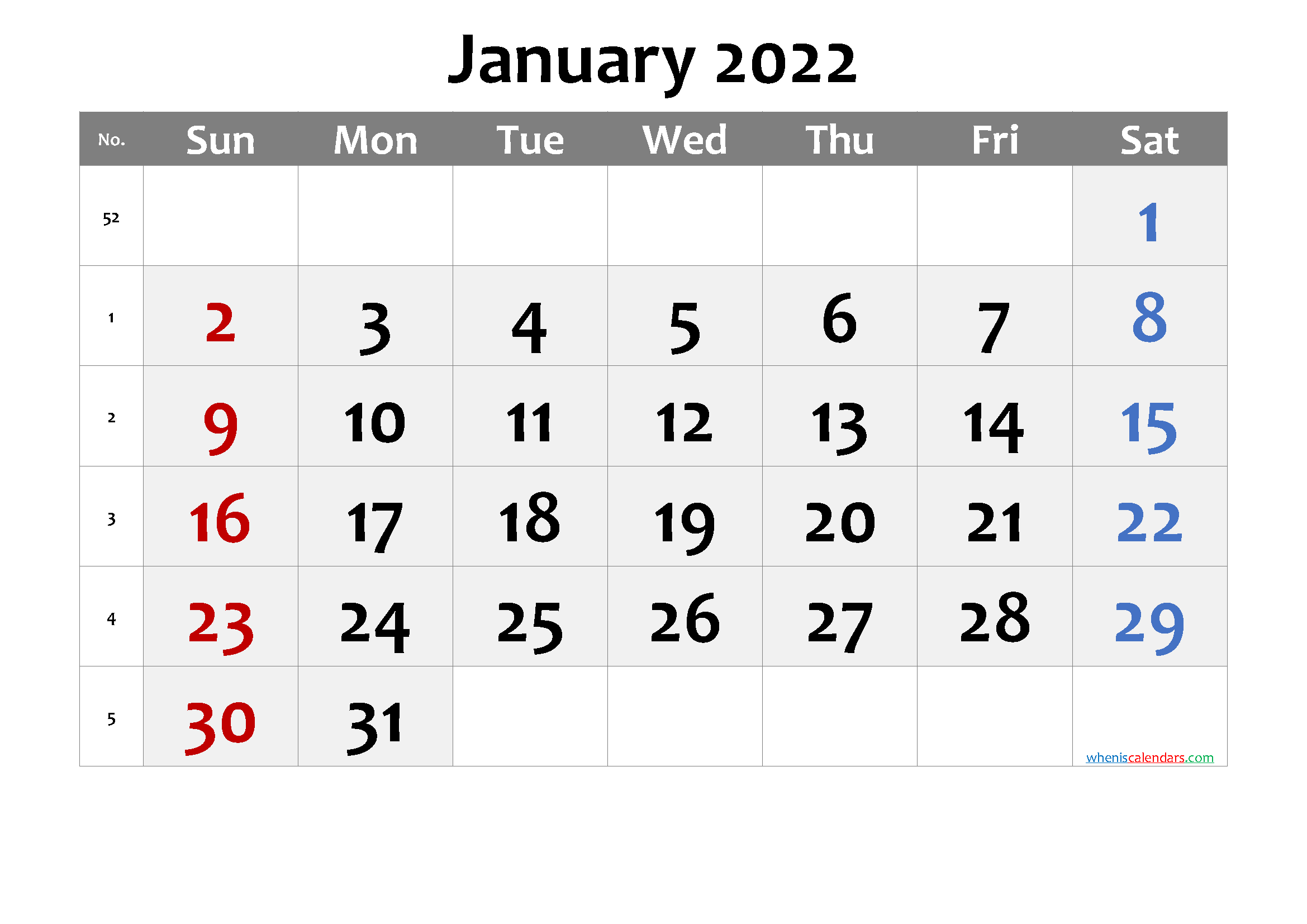 January 2022 Printable Calendar with Week Numbers