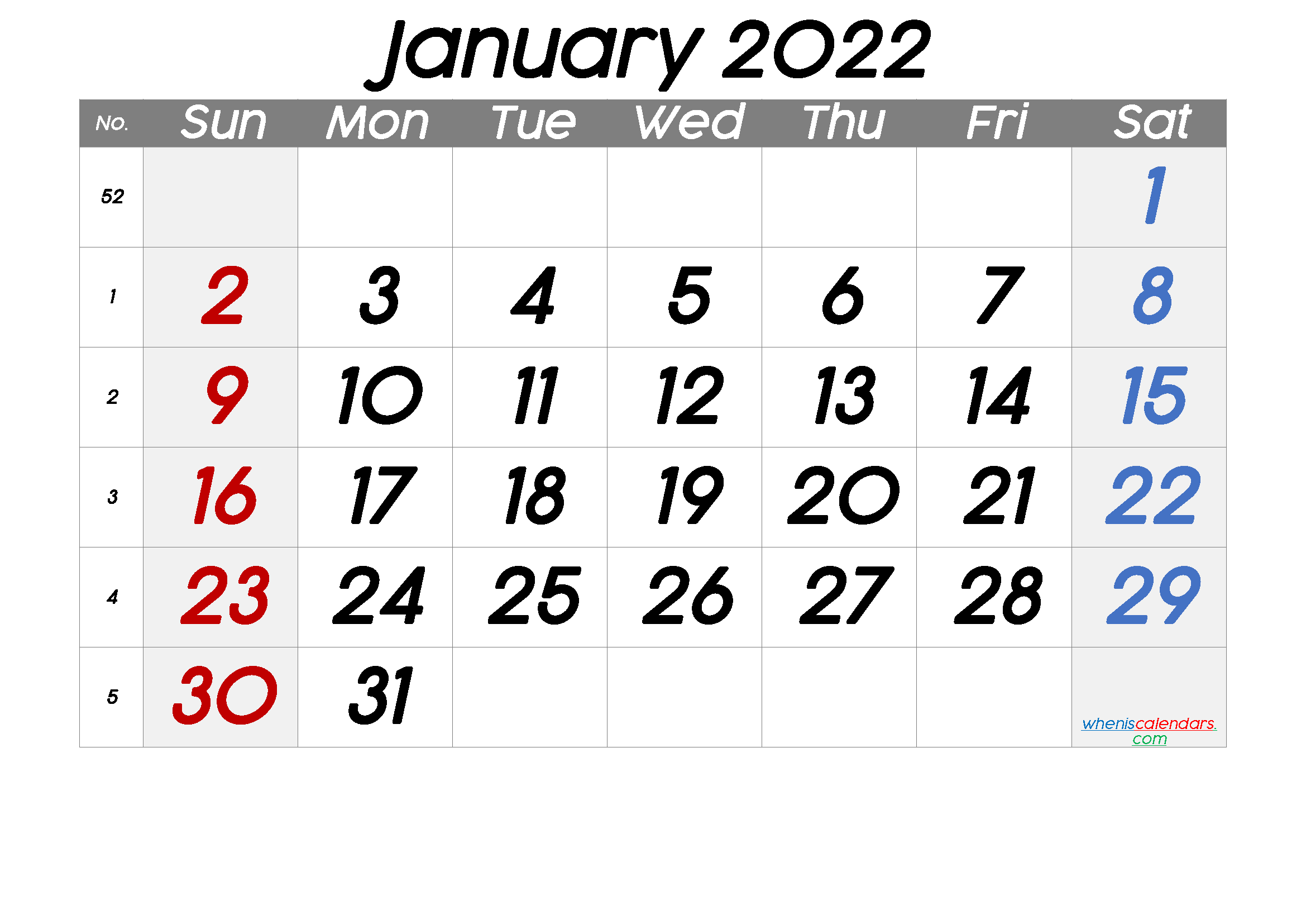 Free January 2022 Calendar