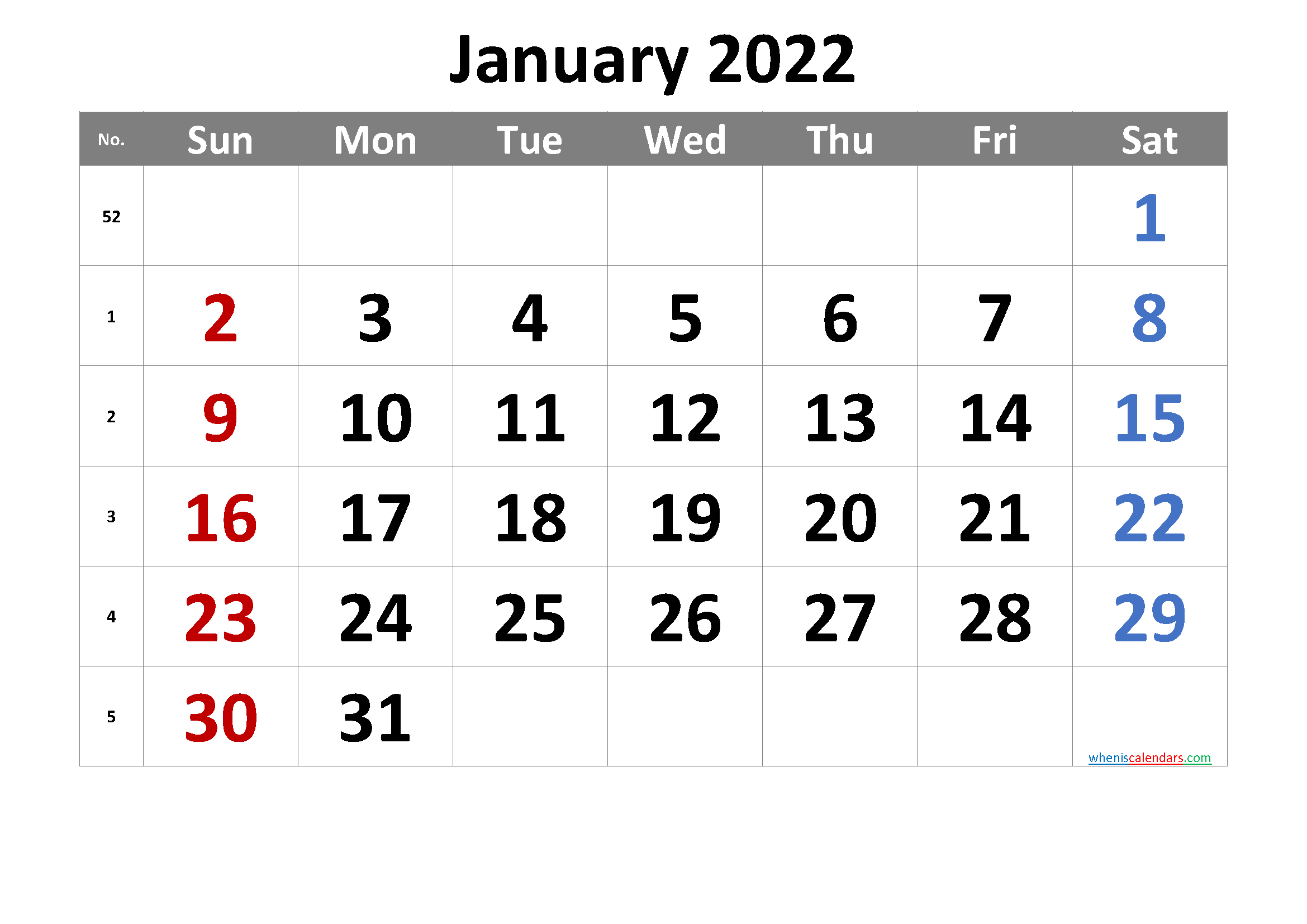 2022 January Free Printable Calendar