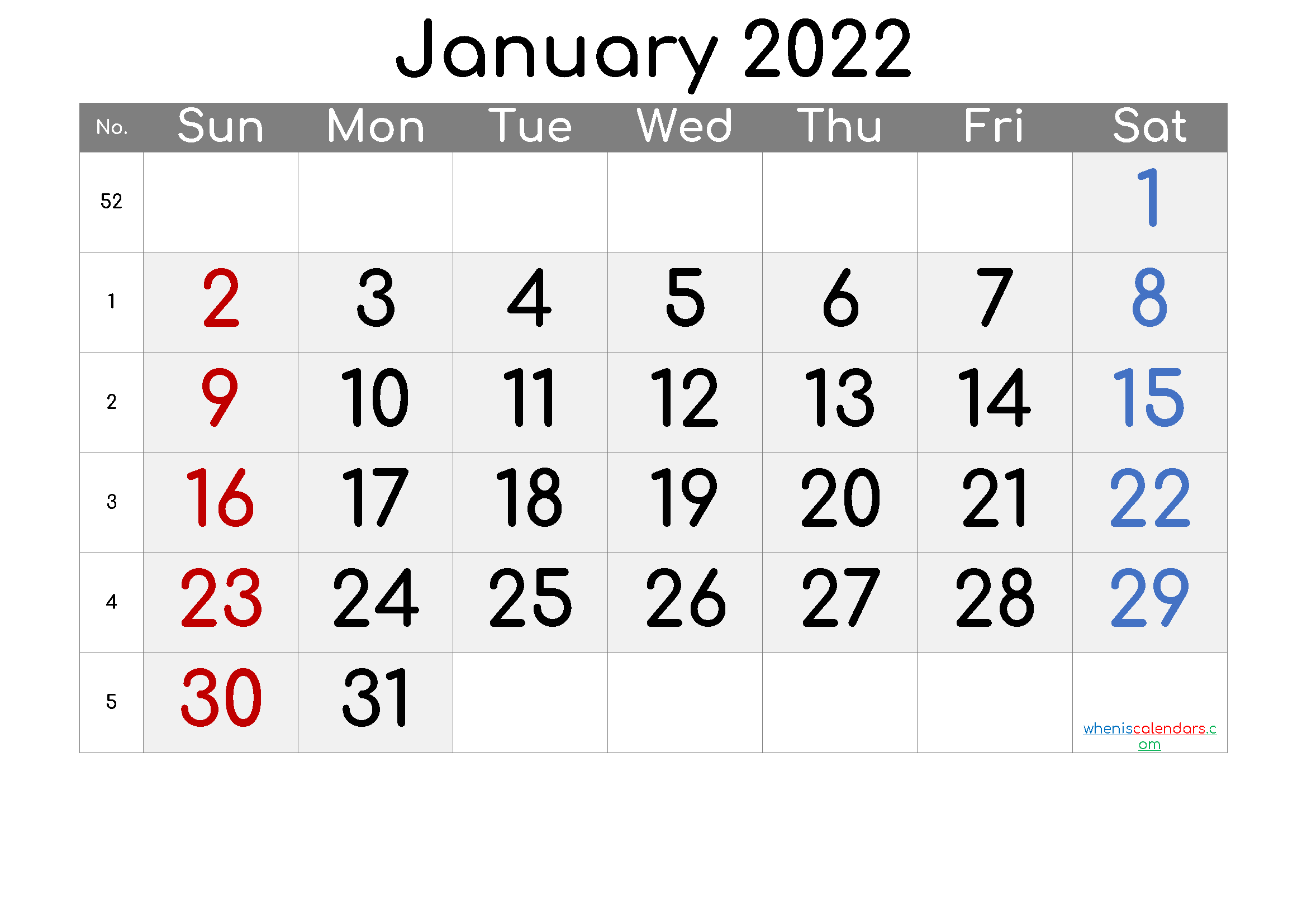 Free January 2022 Calendar
