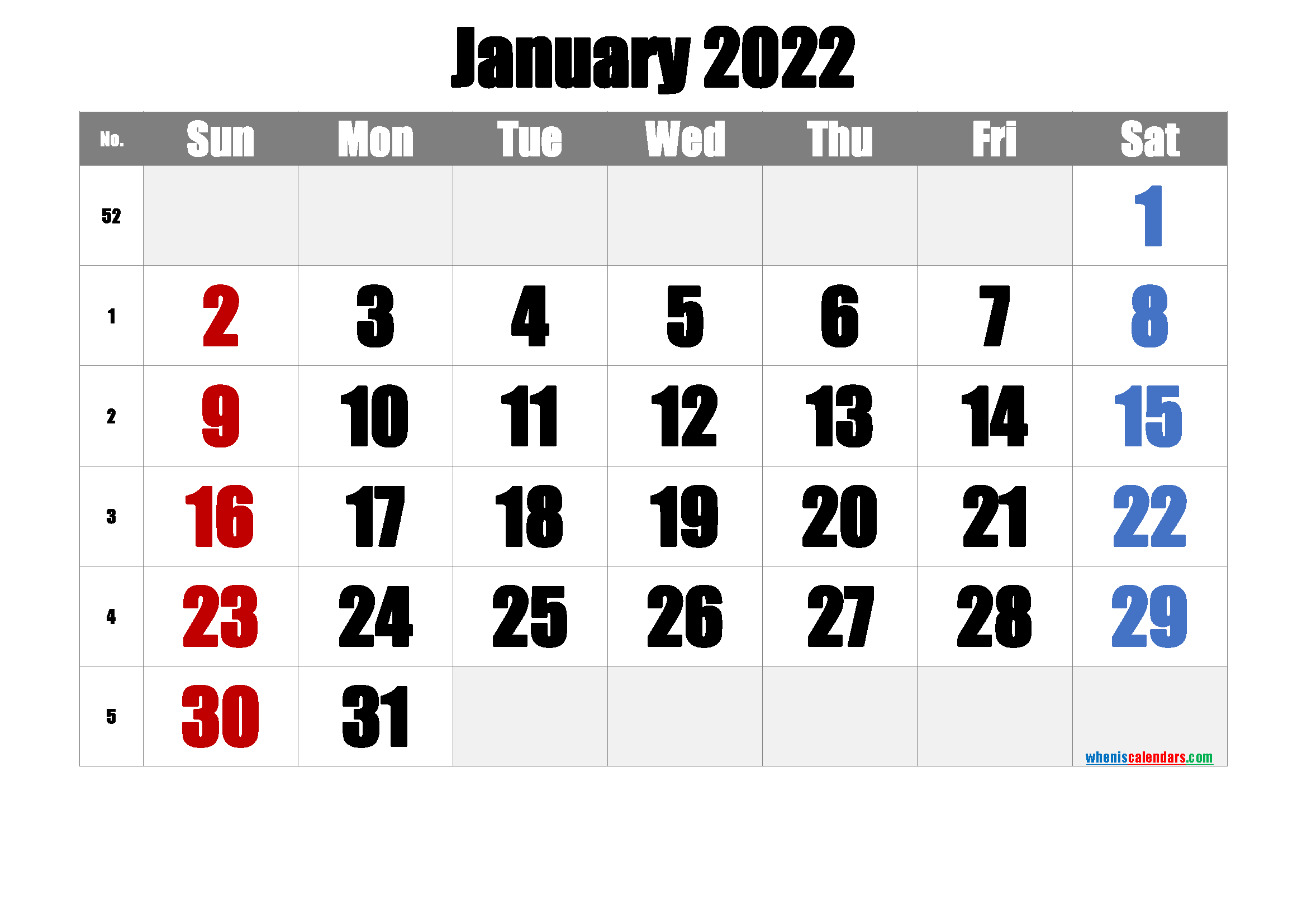Free Printable January 2022 Calendar with Week Numbers
