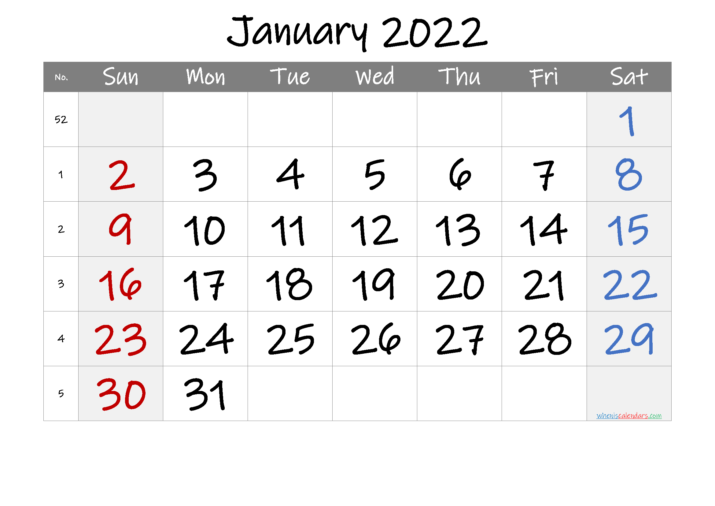 Free Printable 2022 January  Calendar