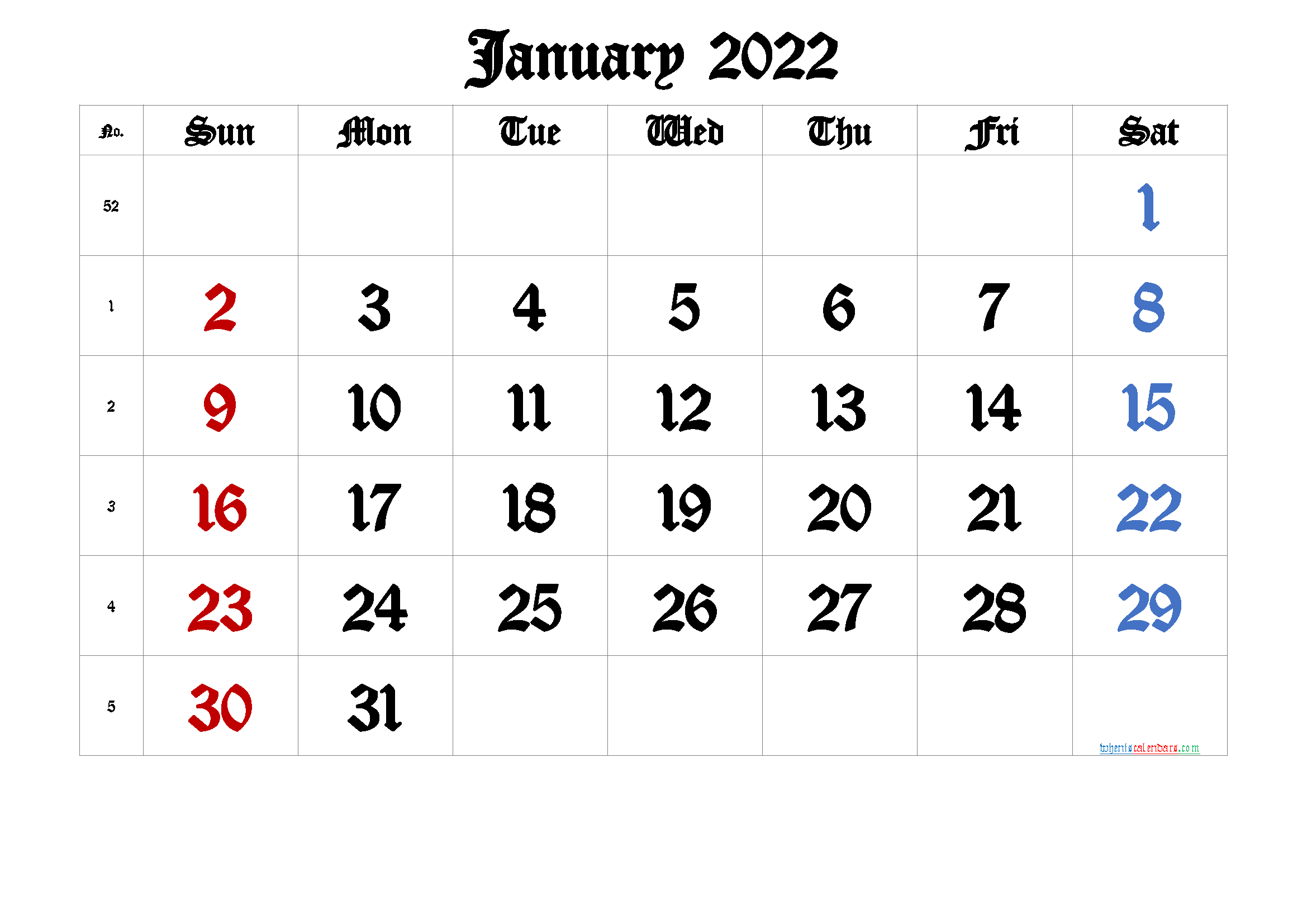 Free Printable 2022 January  Calendar