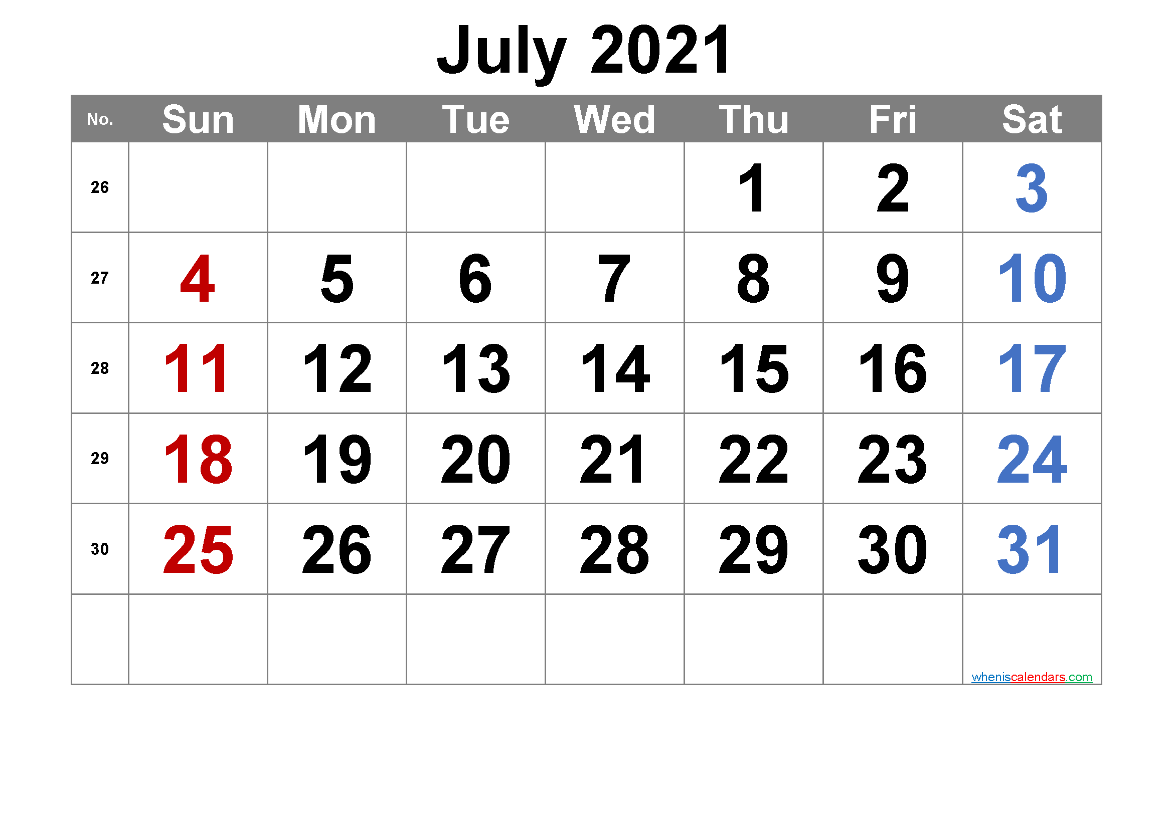 Printable July 2021 Calendar With Week Numbers