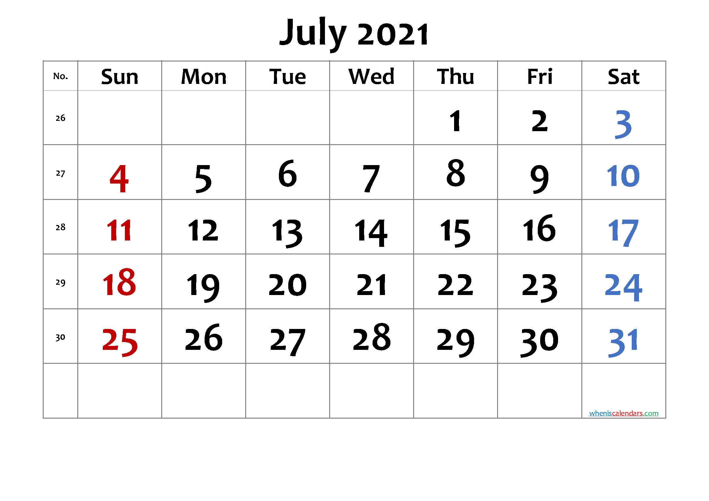 Printable July 2021 Calendar