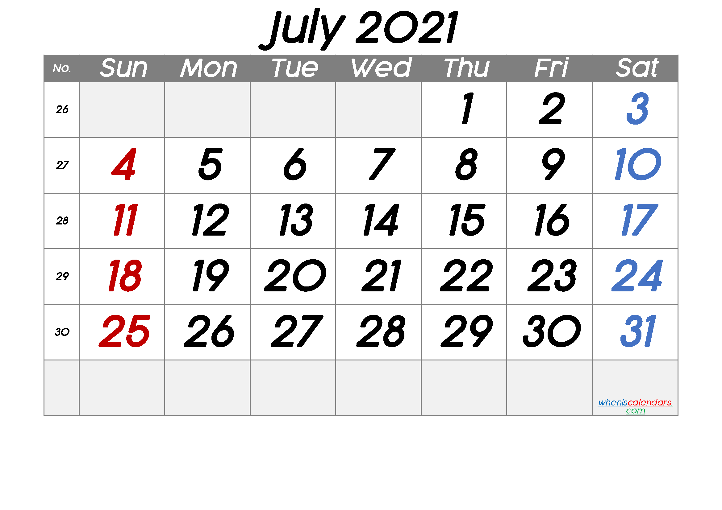 Free Printable July 2021 Calendar with Week Numbers