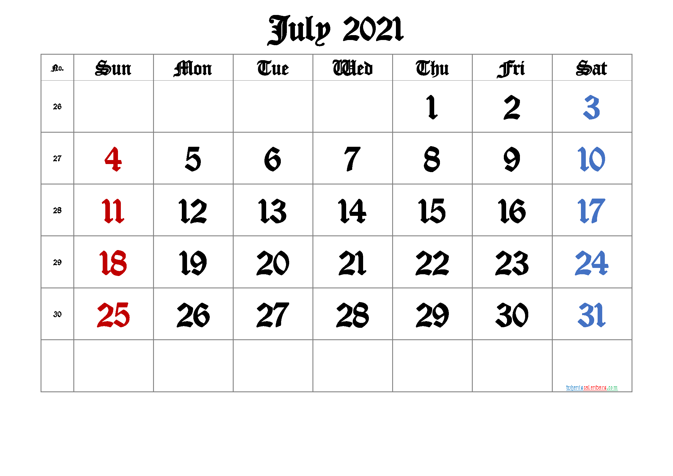 Printable July 2021 Calendar