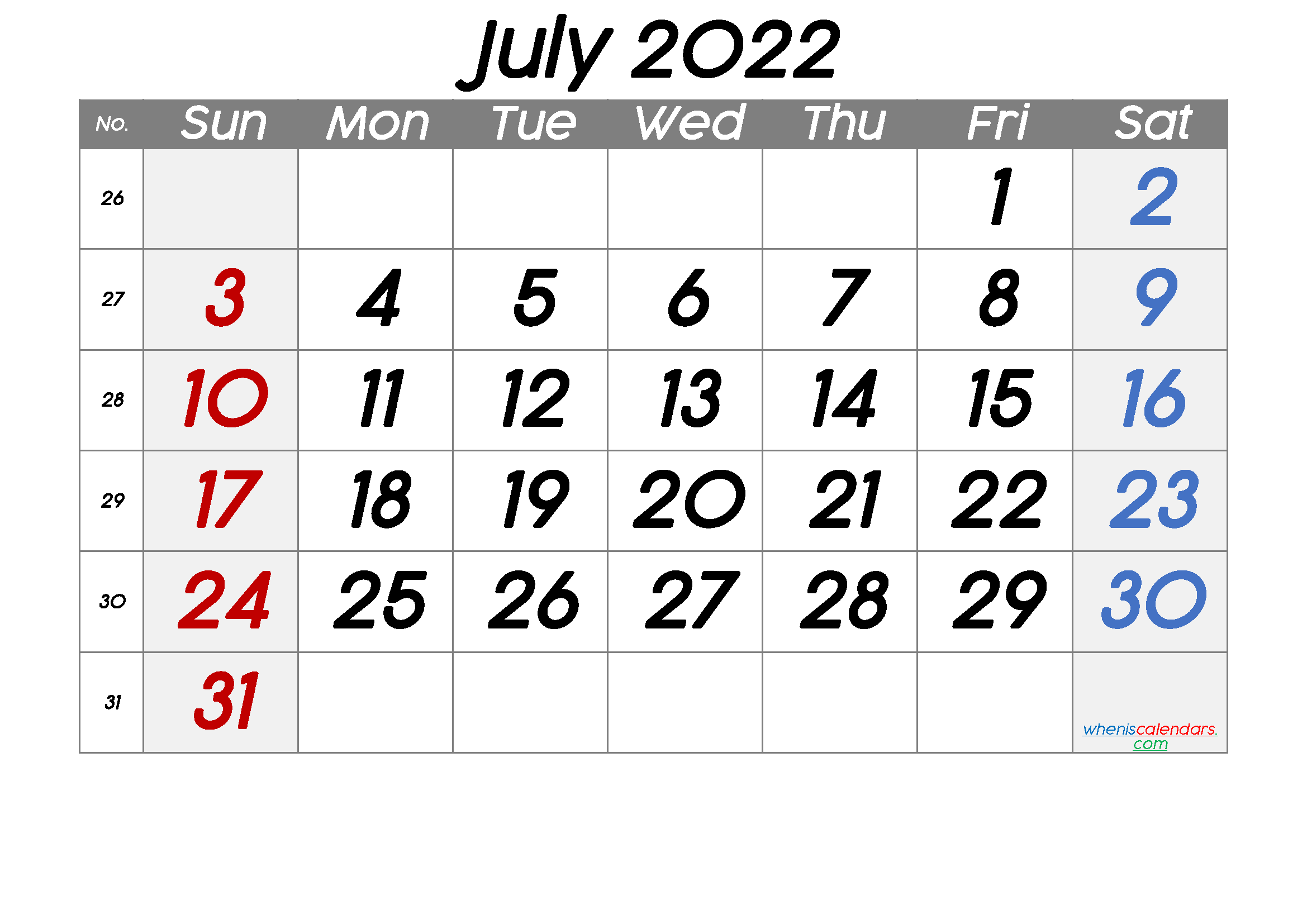Free July 2022 Calendar