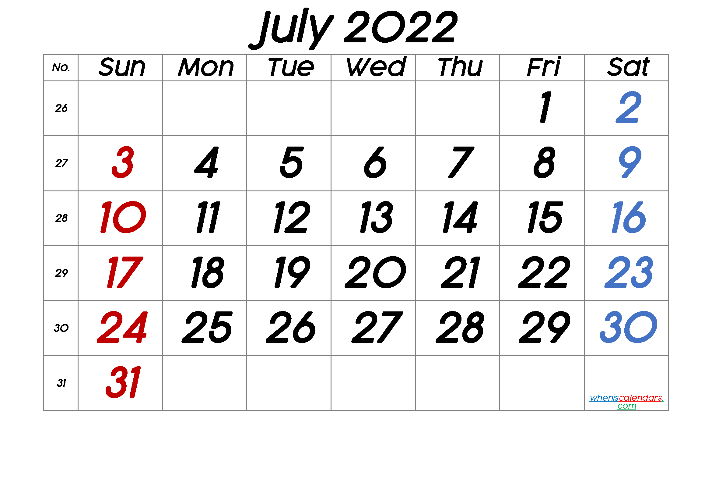 Printable Calendar July 2022