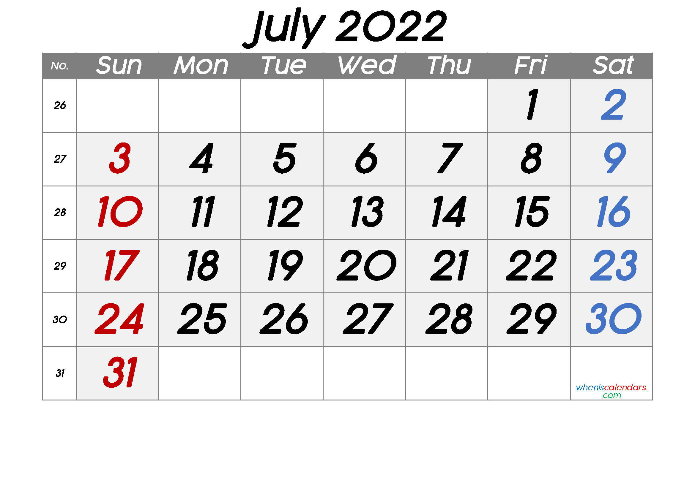 Free Printable Calendar 2022 July
