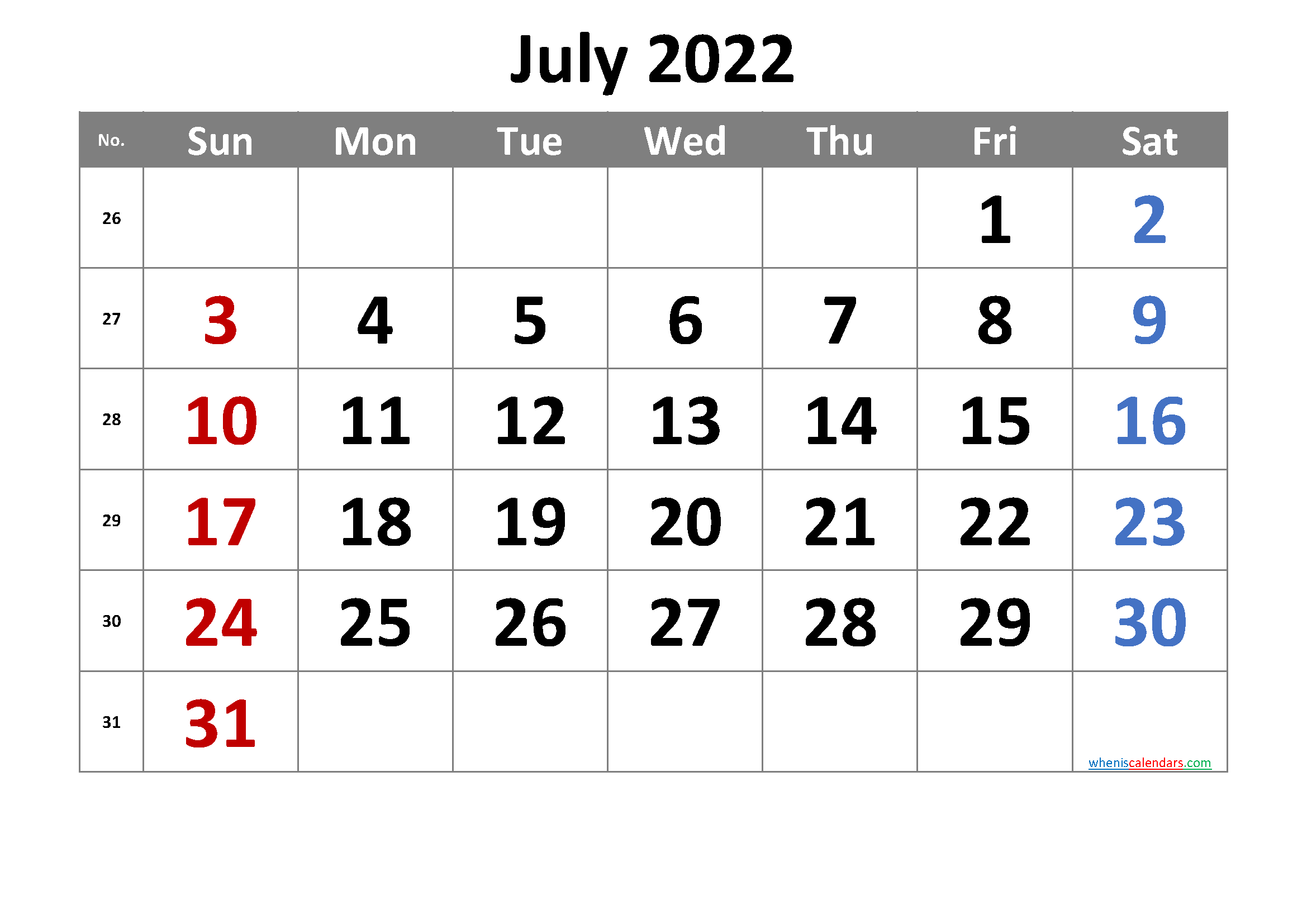 2022 July Free Printable Calendar