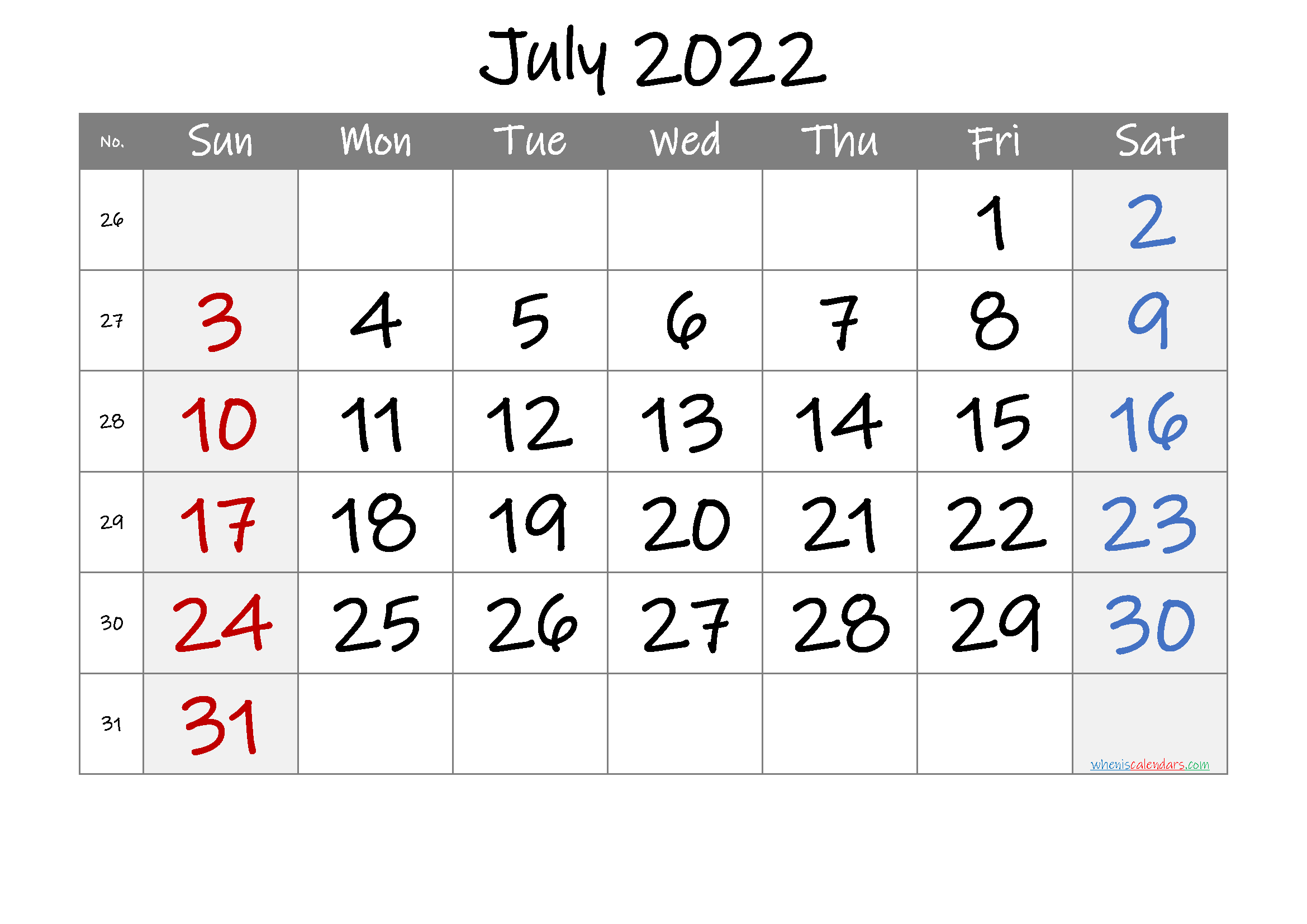July 2022 Printable Calendar with Week Numbers