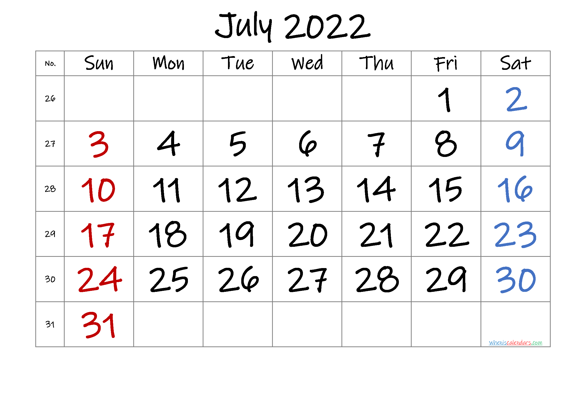 Free July 2022 Calendar