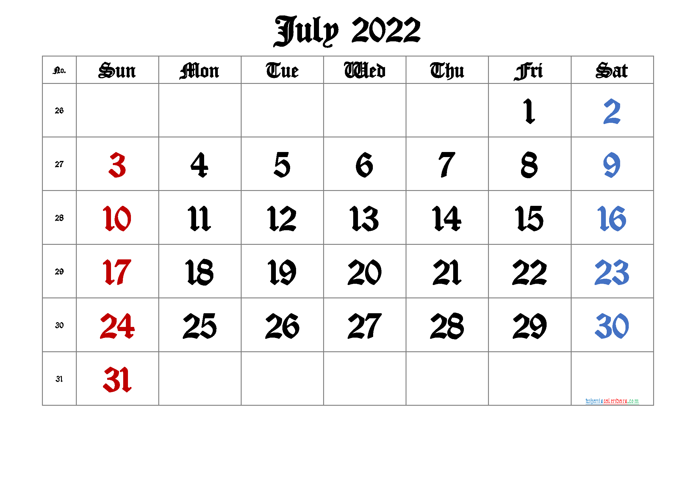 Free Printable 2022 July  Calendar