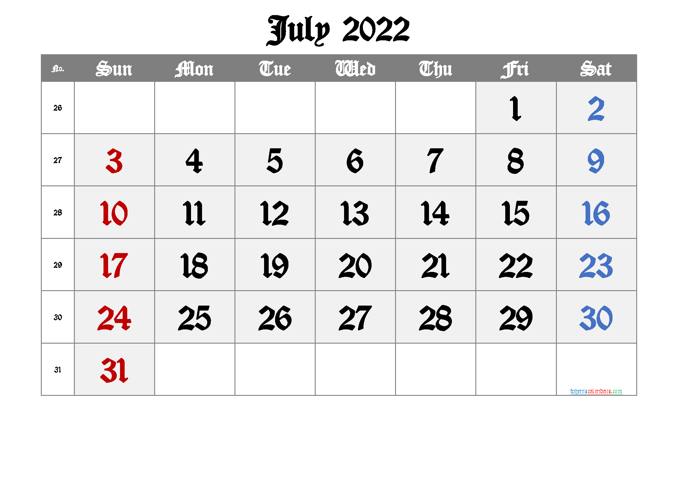 Printable July 2022 Calendar