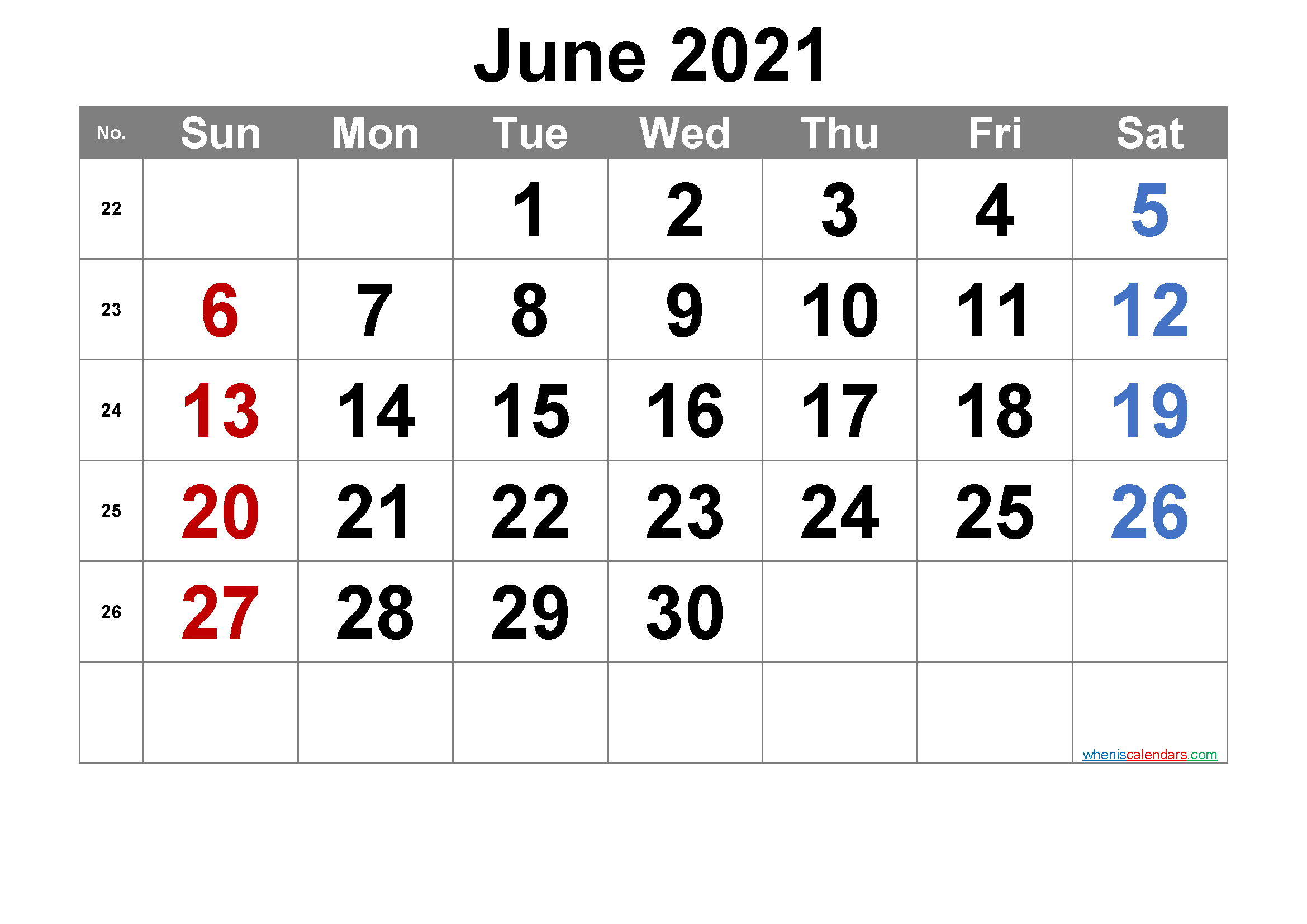 Printable June 2021 Calendar with Week Numbers