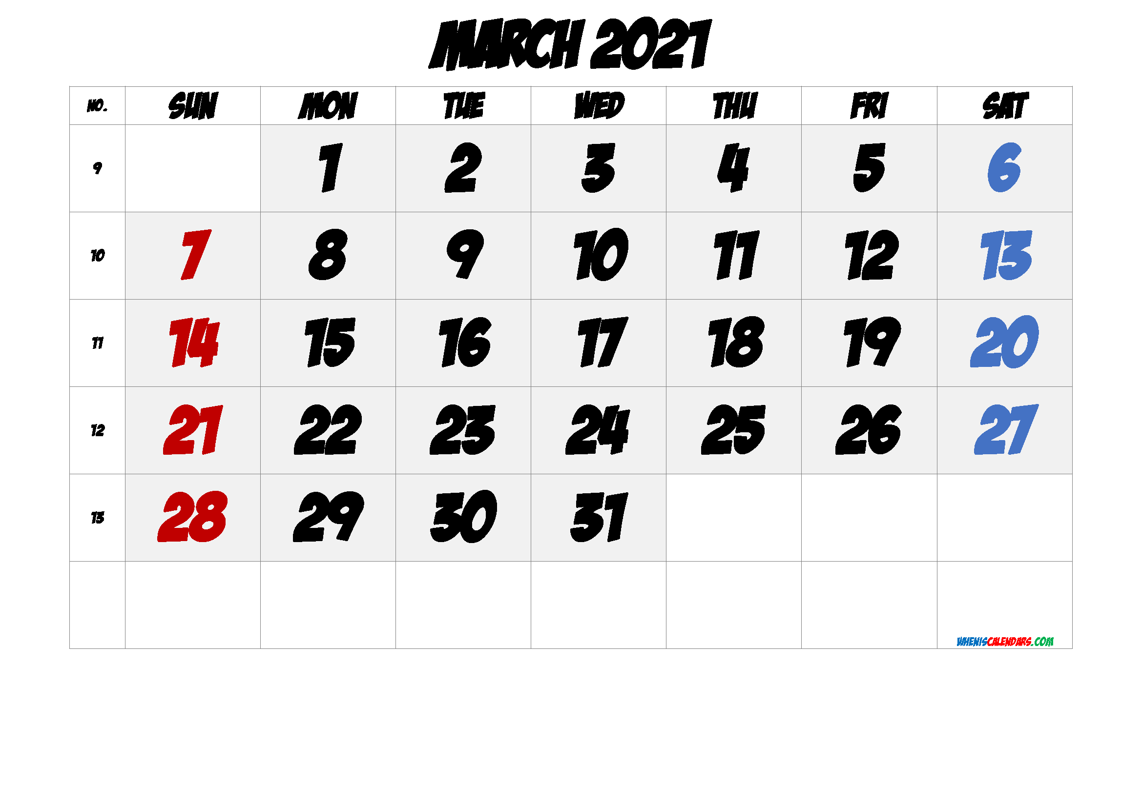 Free Printable March 2021 Calendar with Week Numbers