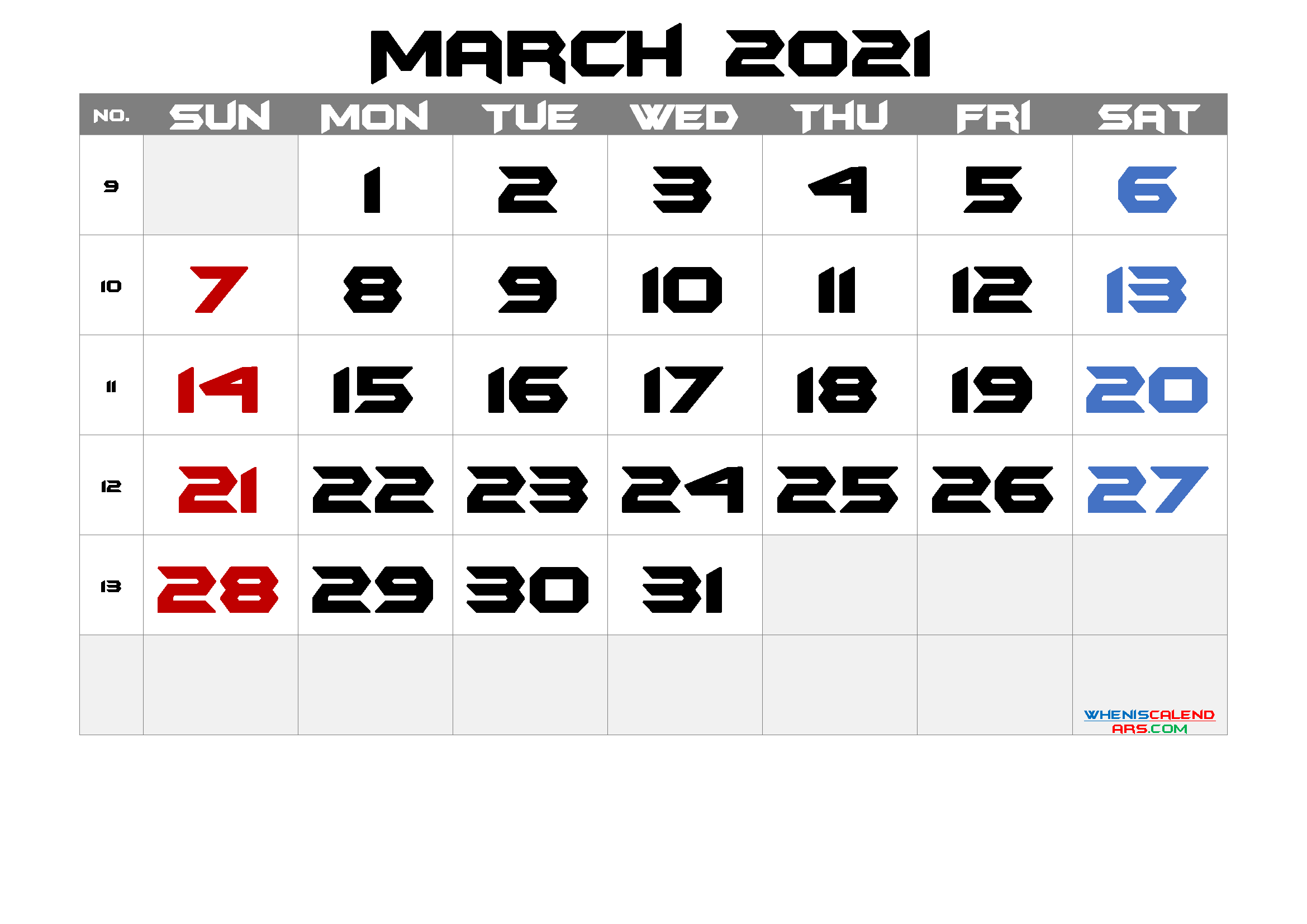 Free Printable Calendar 2021 March