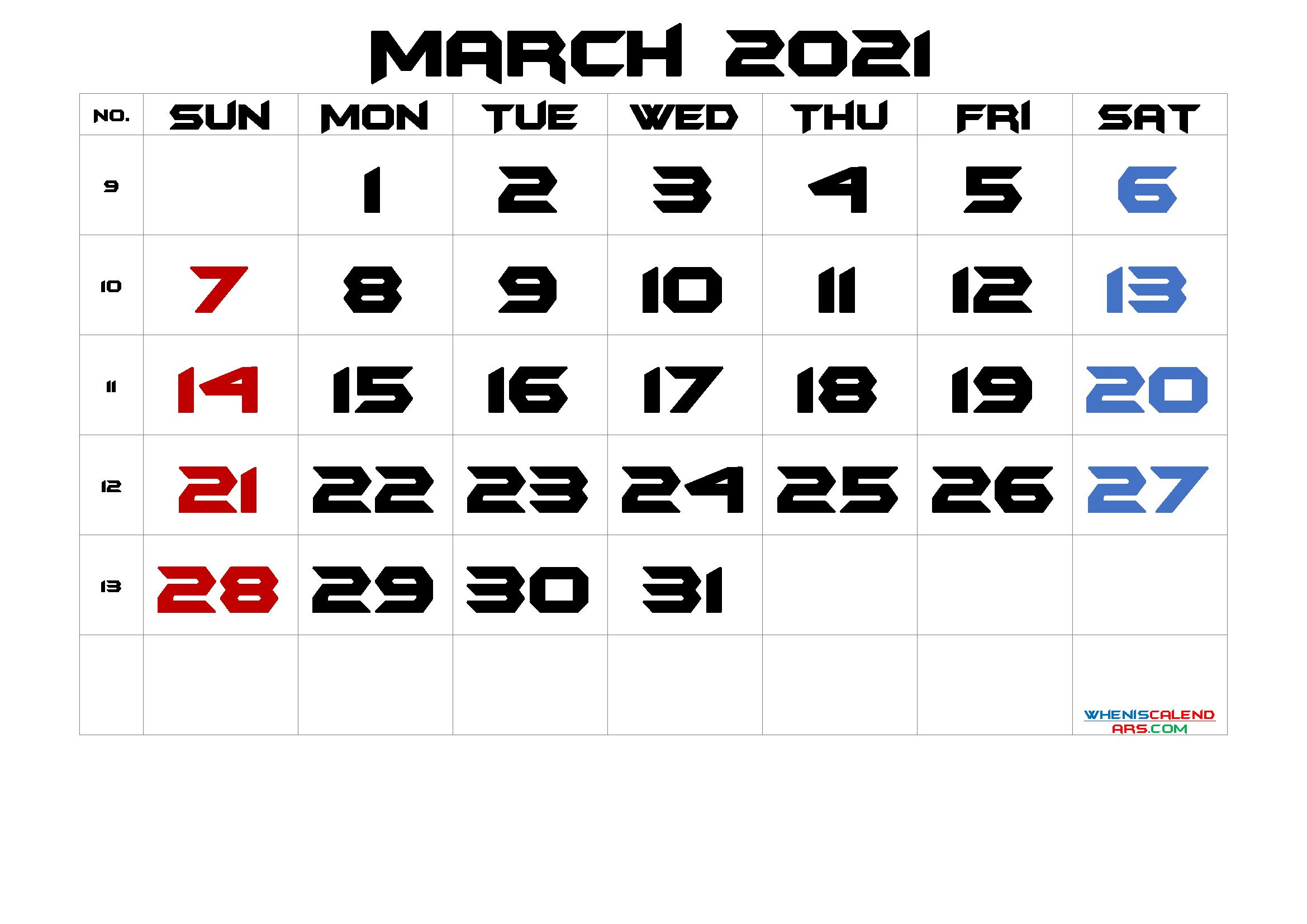 Free Printable 2021 March  Calendar