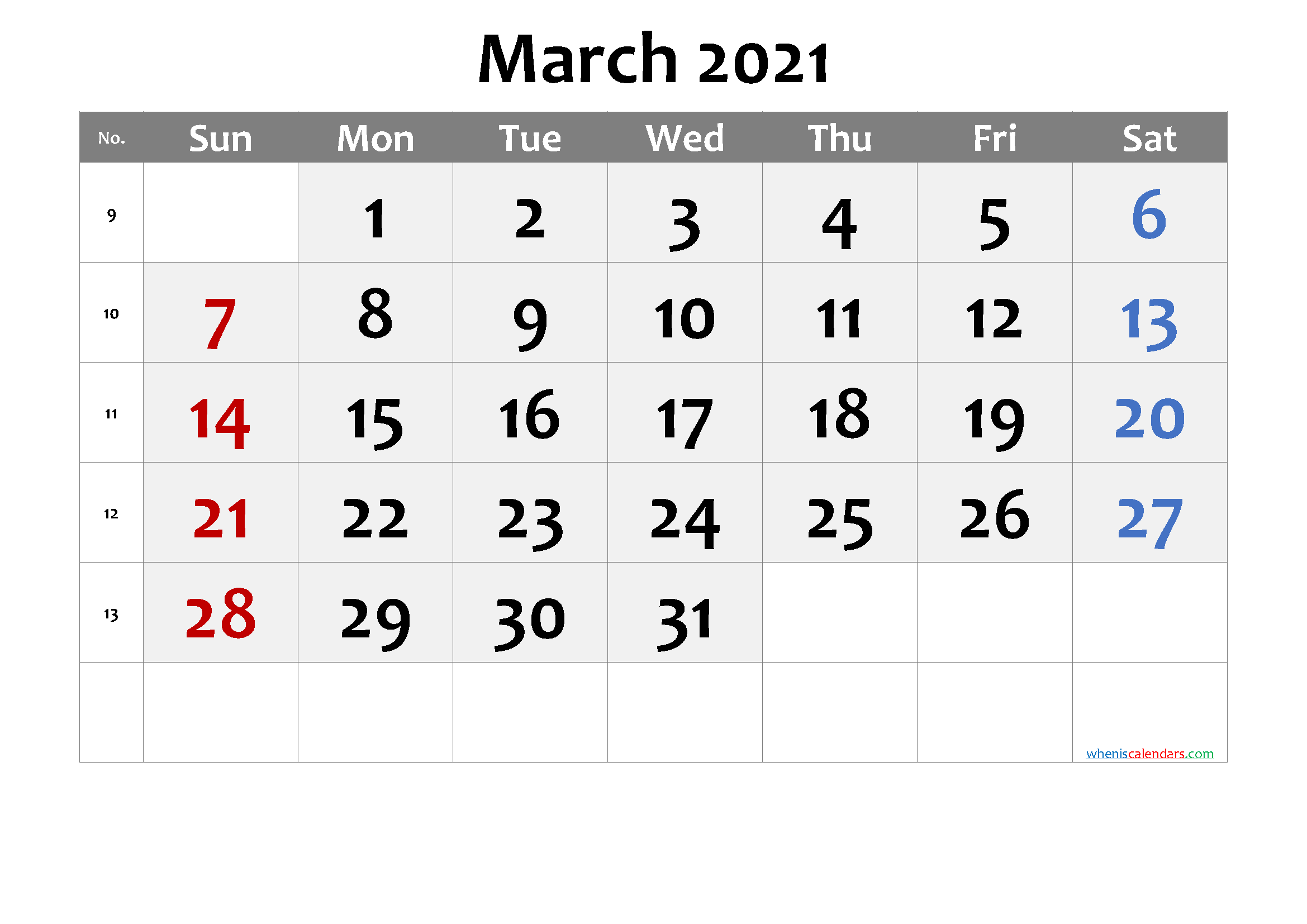 Free Printable 2021 March  Calendar