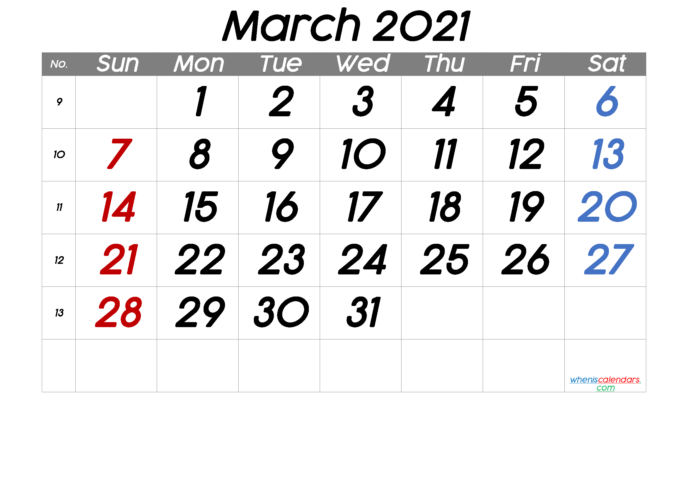 Printable March 2021 Calendar