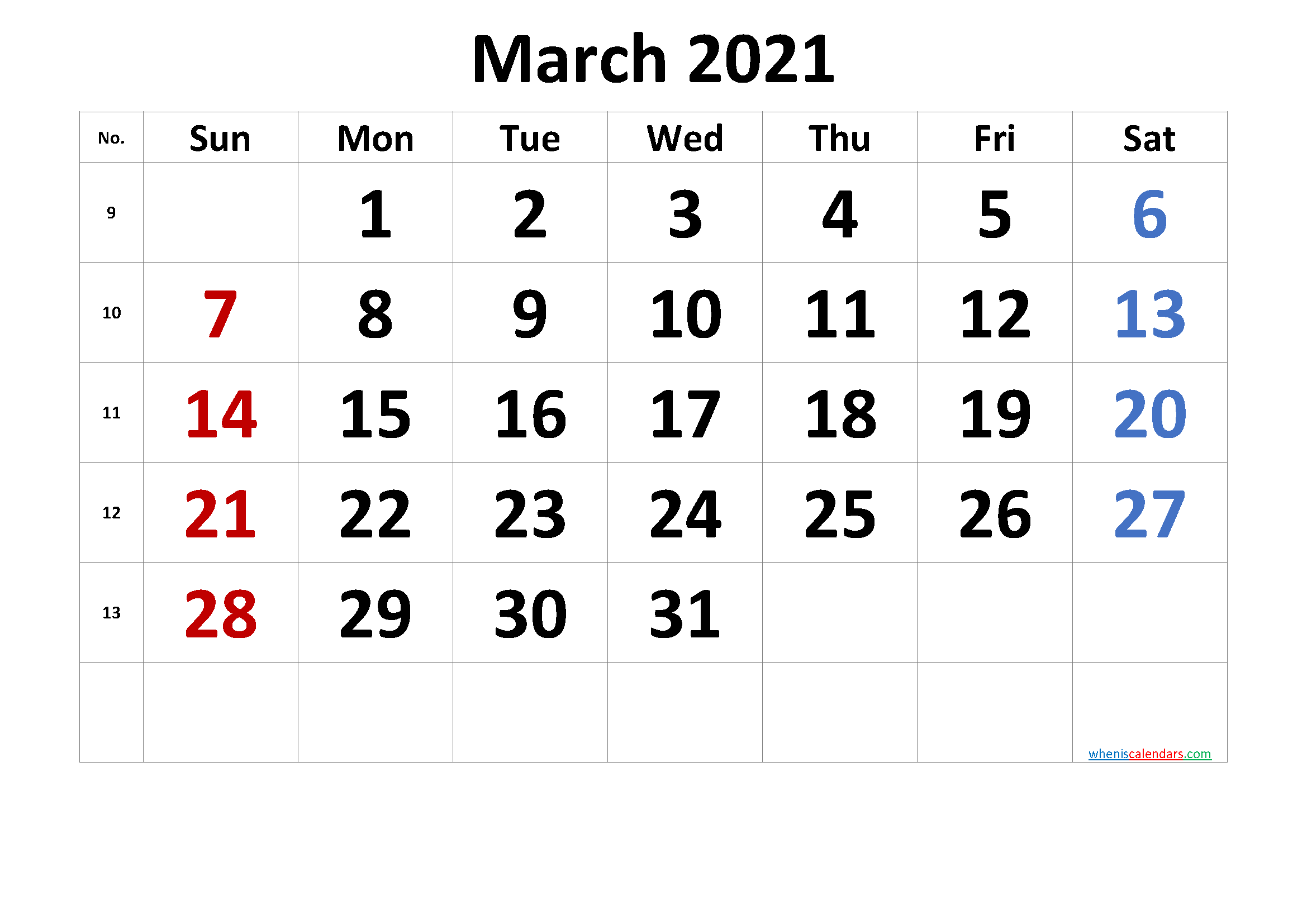Free March 2021 Calendar with Week Numbers