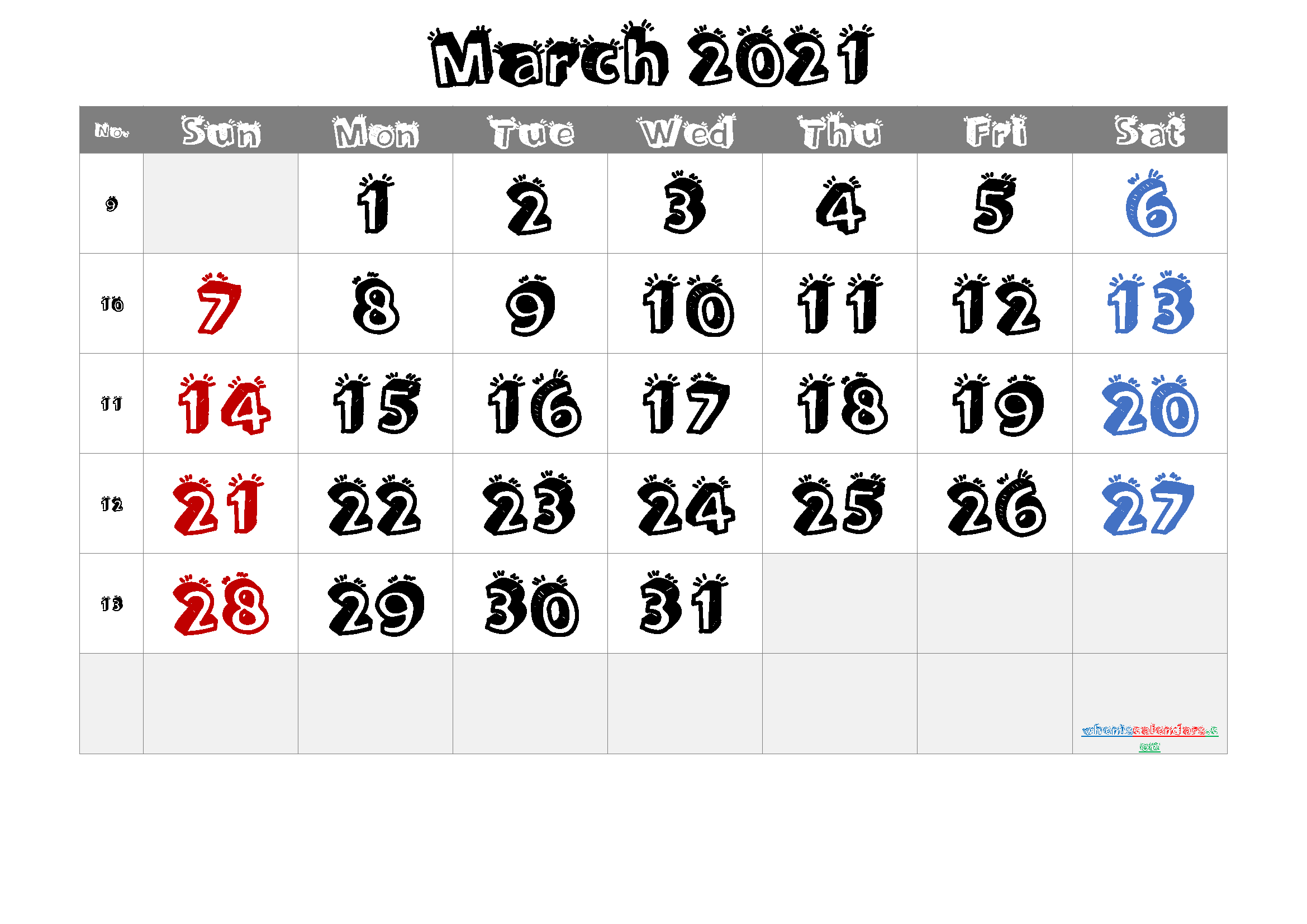 Printable March 2021 Calendar