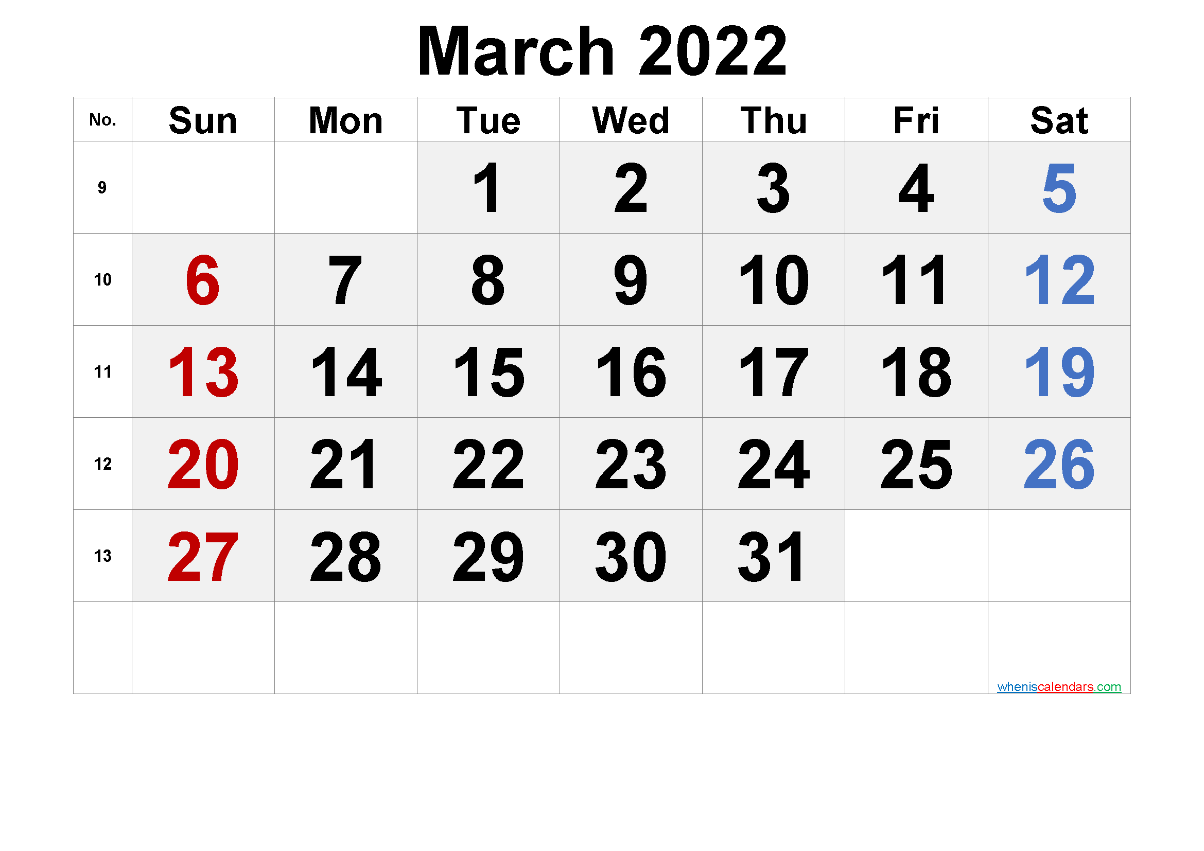 Printable March 2022 Calendar
