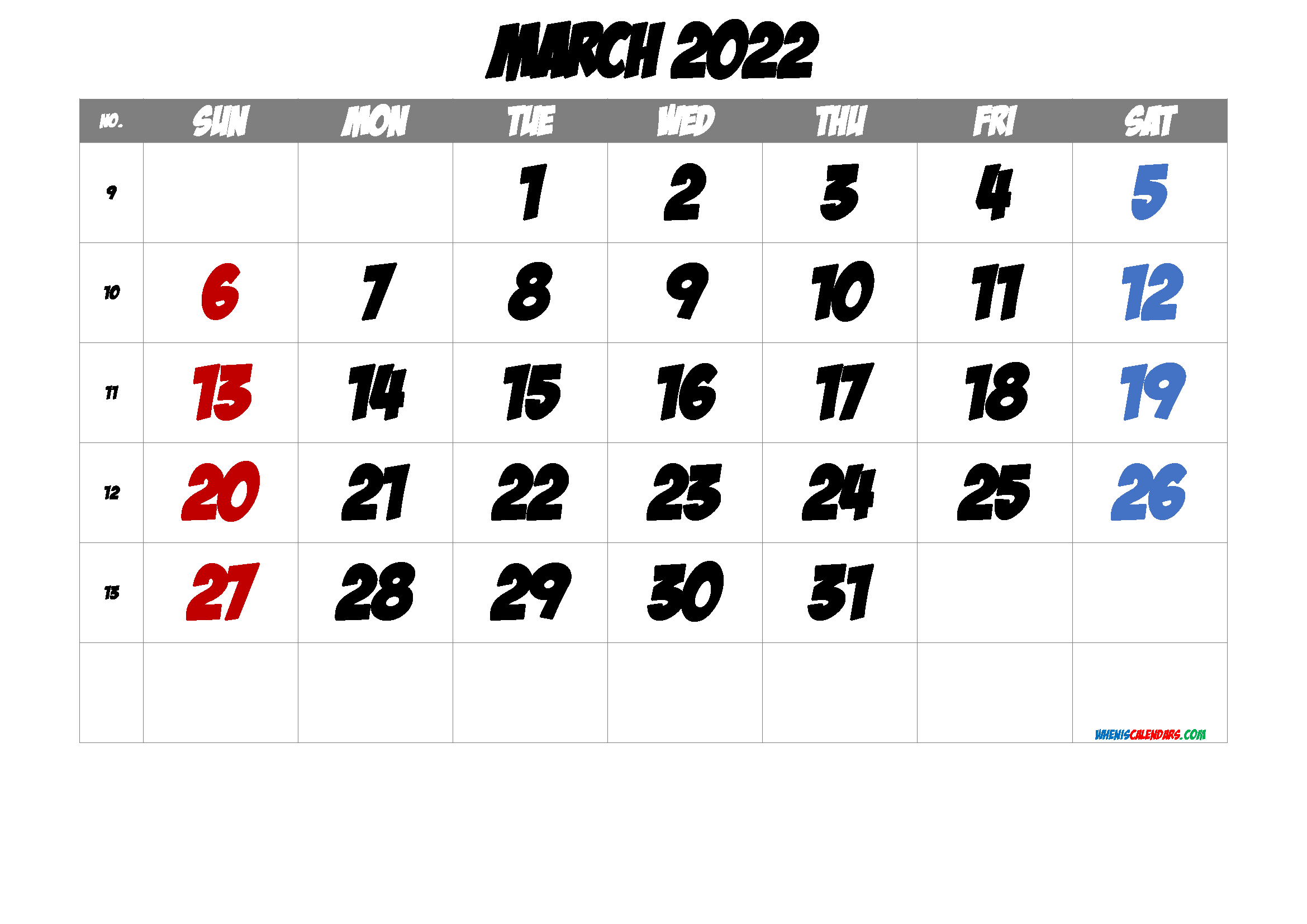 2022 March Free Printable Calendar