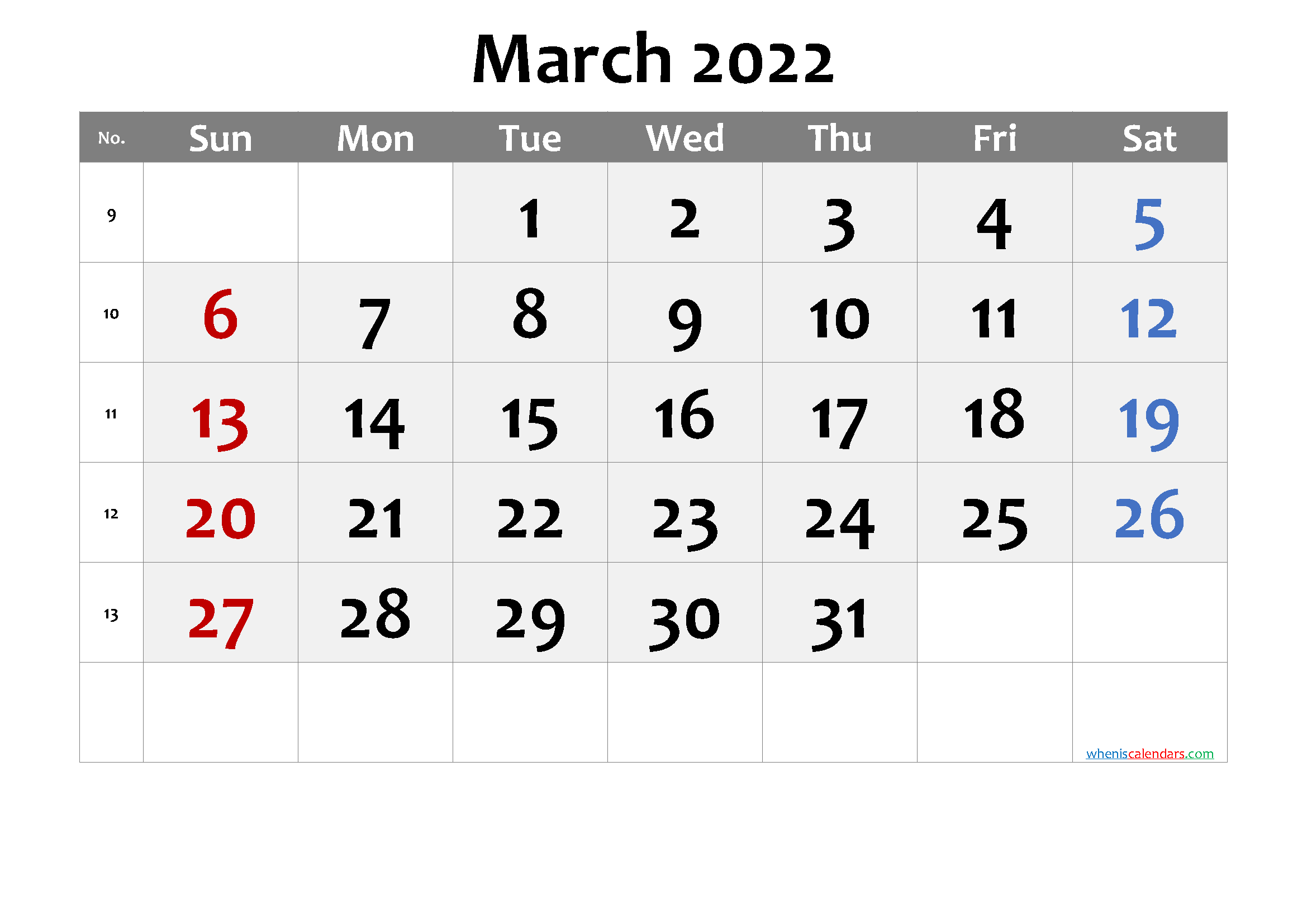 March 2022 Printable Calendar with Week Numbers
