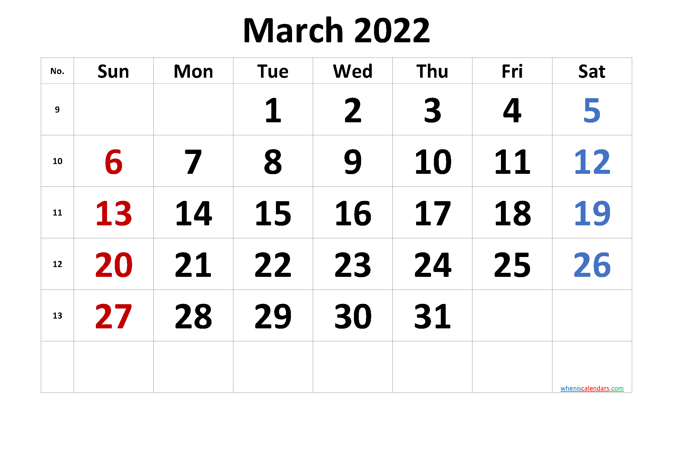 Free March 2022 Calendar with Week Numbers