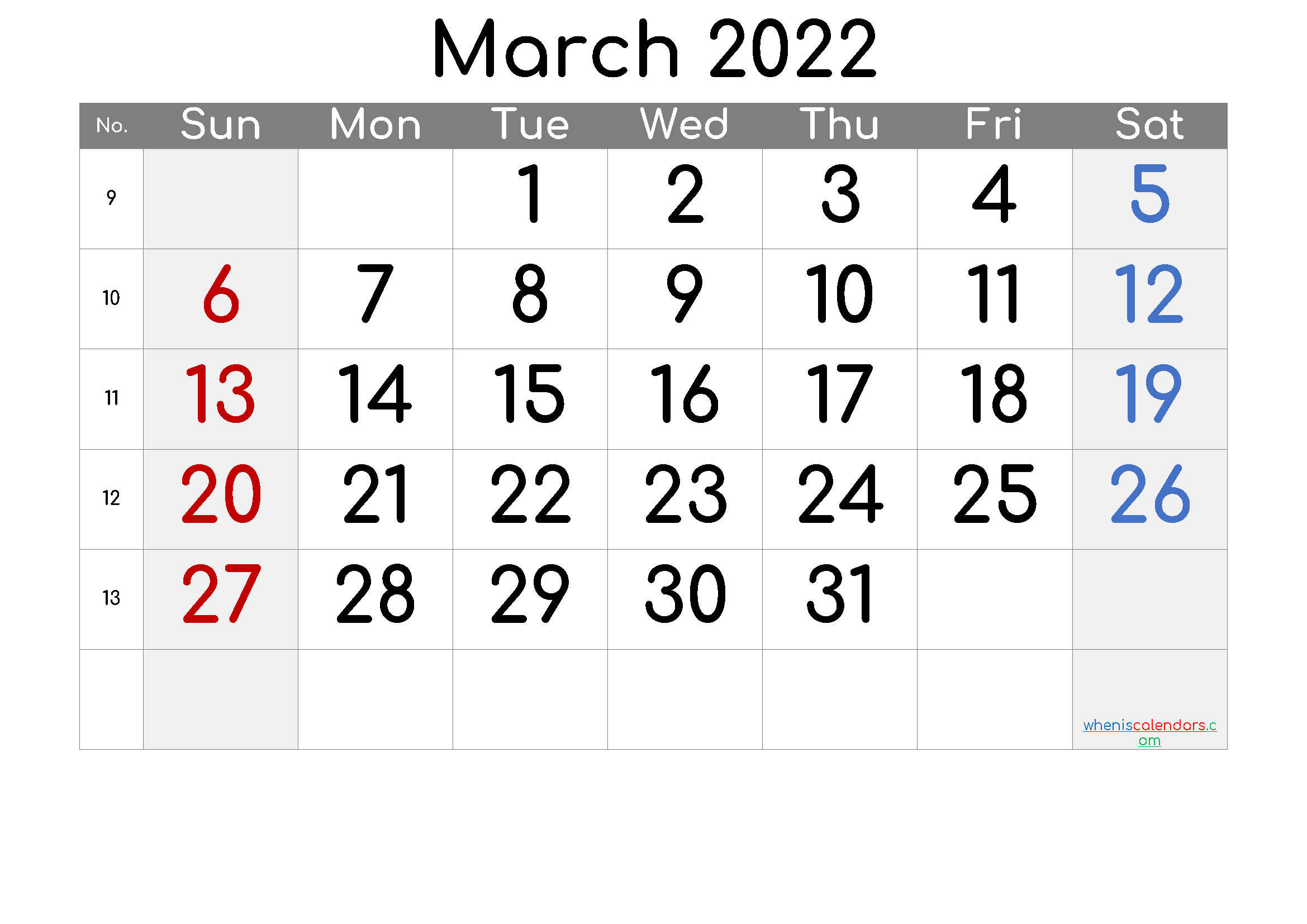 Free Printable Calendar 2022 March