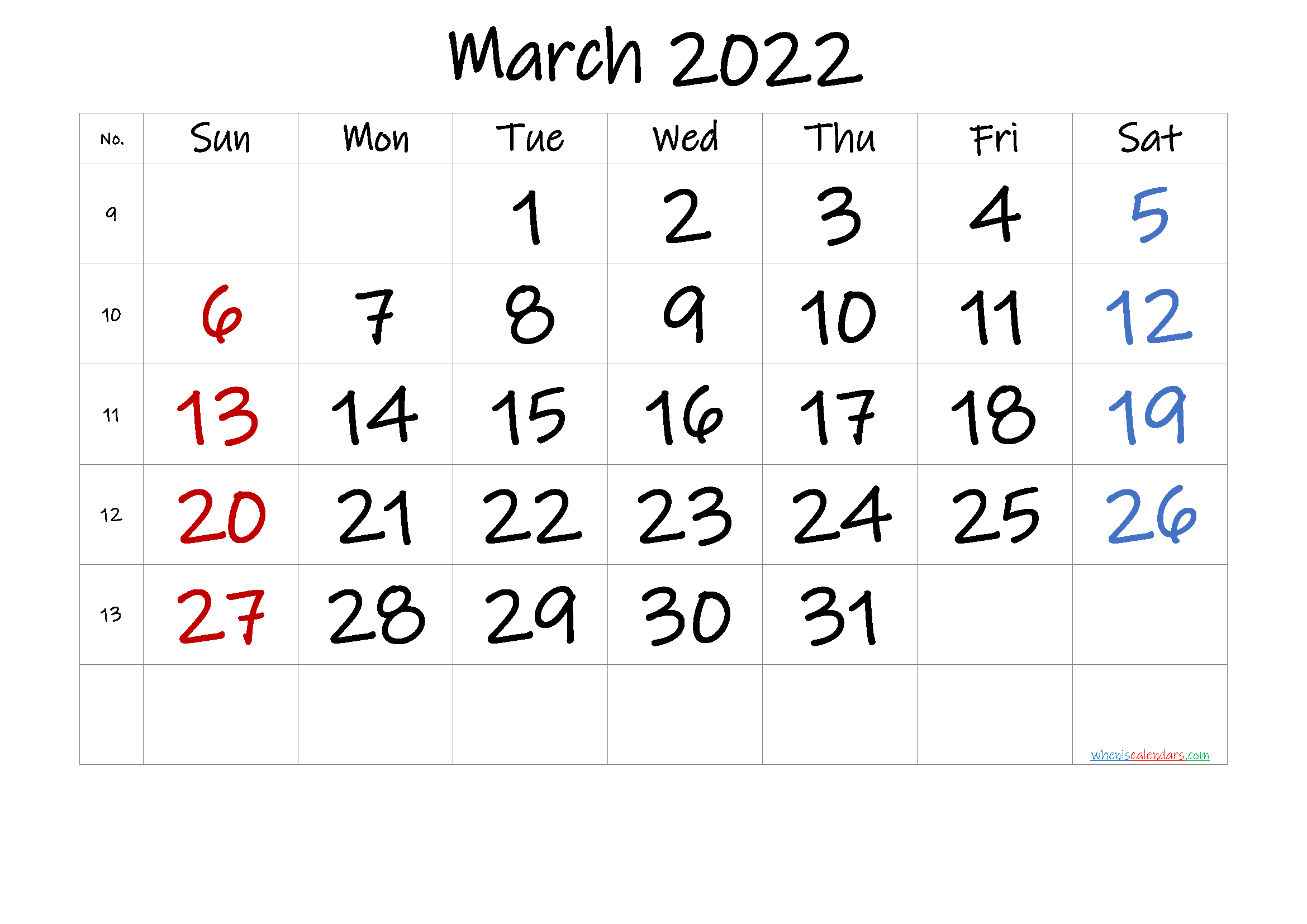 Free March 2022 Calendar