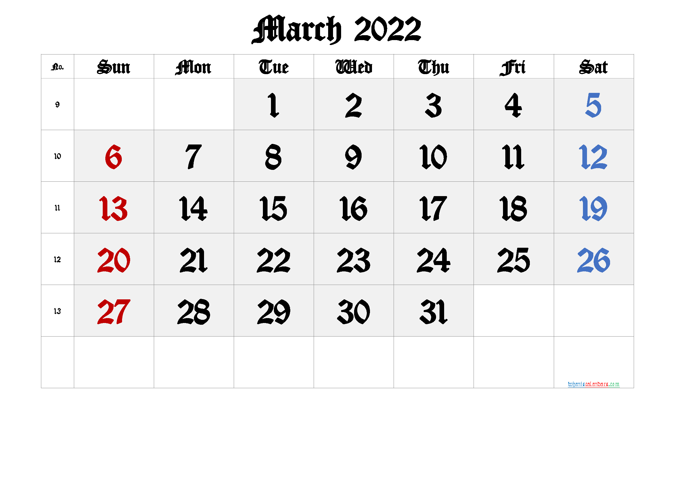 Printable March 2022 Calendar with Week Numbers