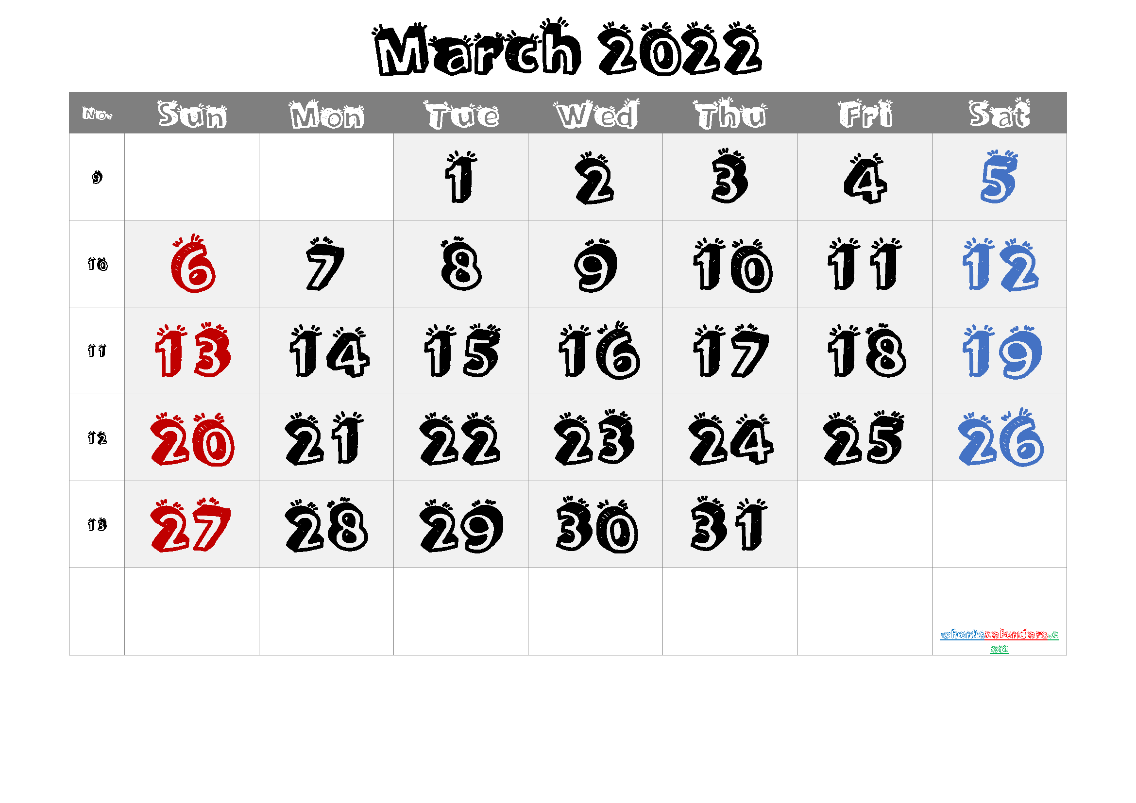 March 2022 Printable Calendar with Week Numbers