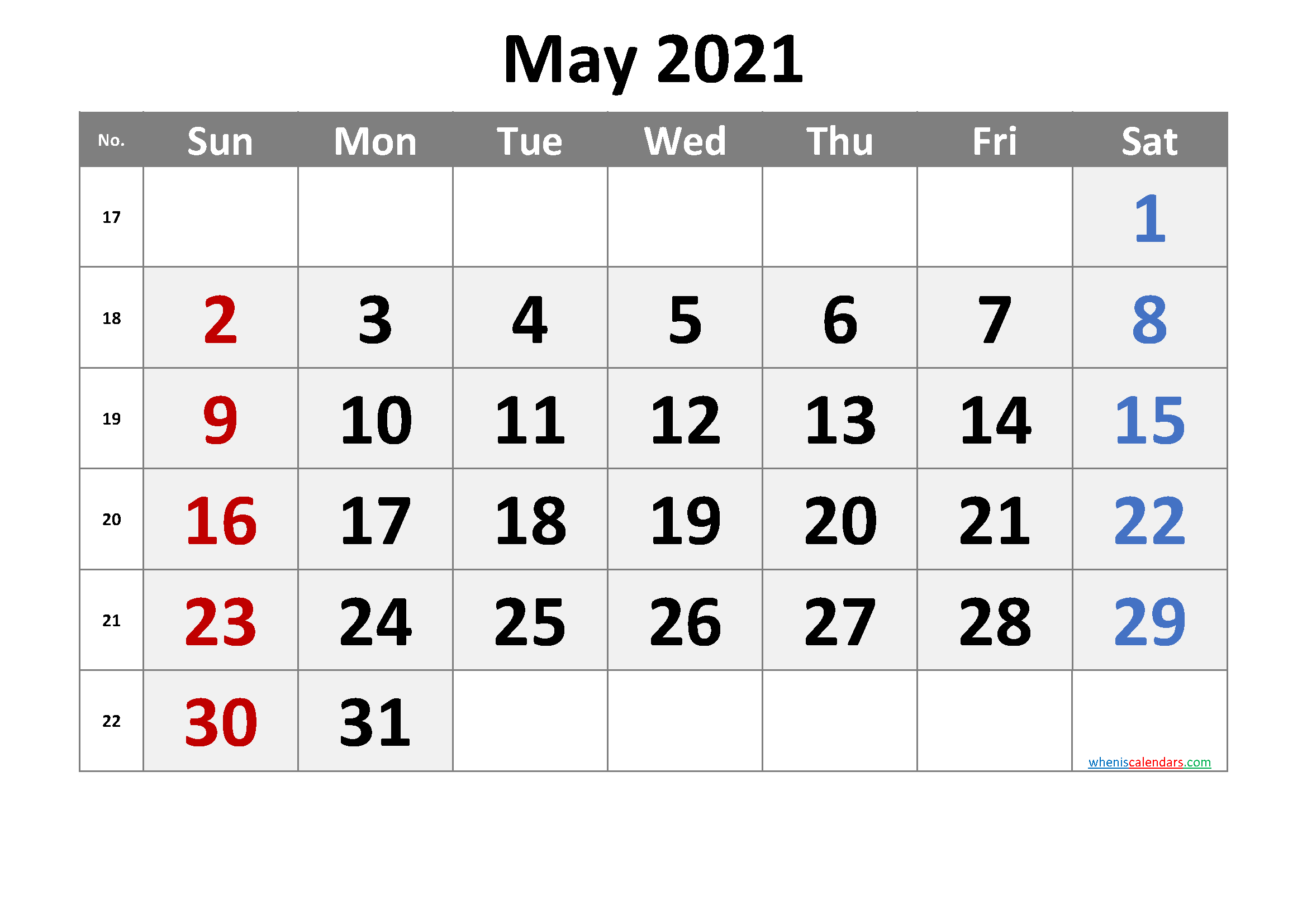 Printable May 2021 Calendar
