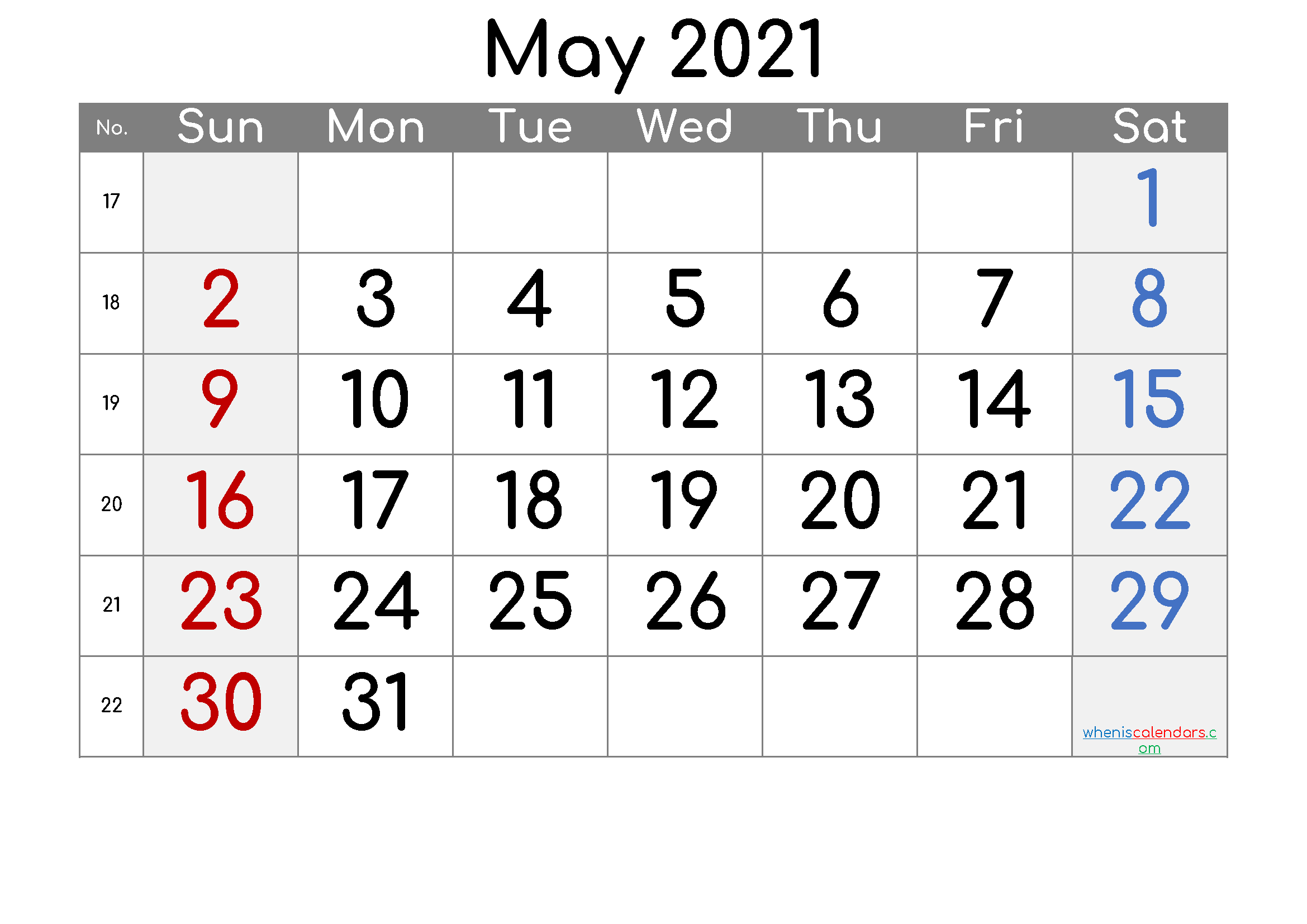 Printable Calendar 2021 May