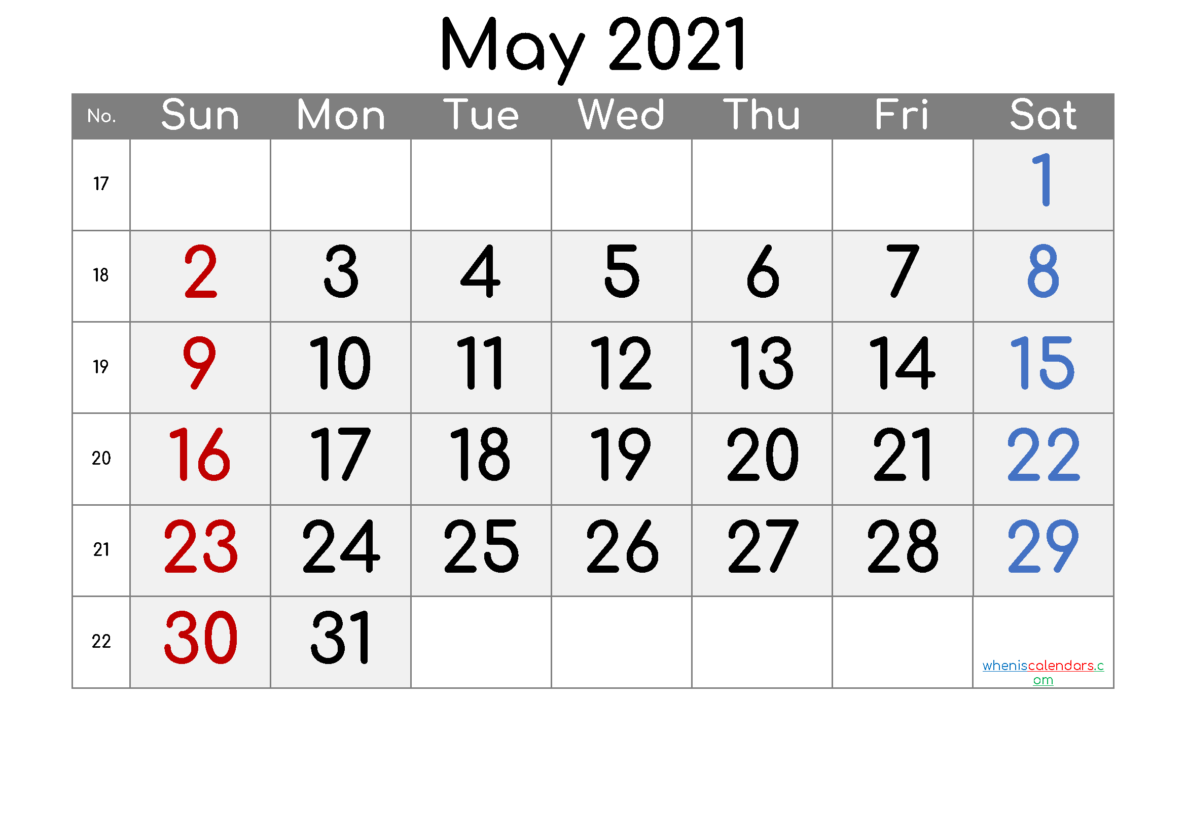 Free May 2021 Calendar with Week Numbers