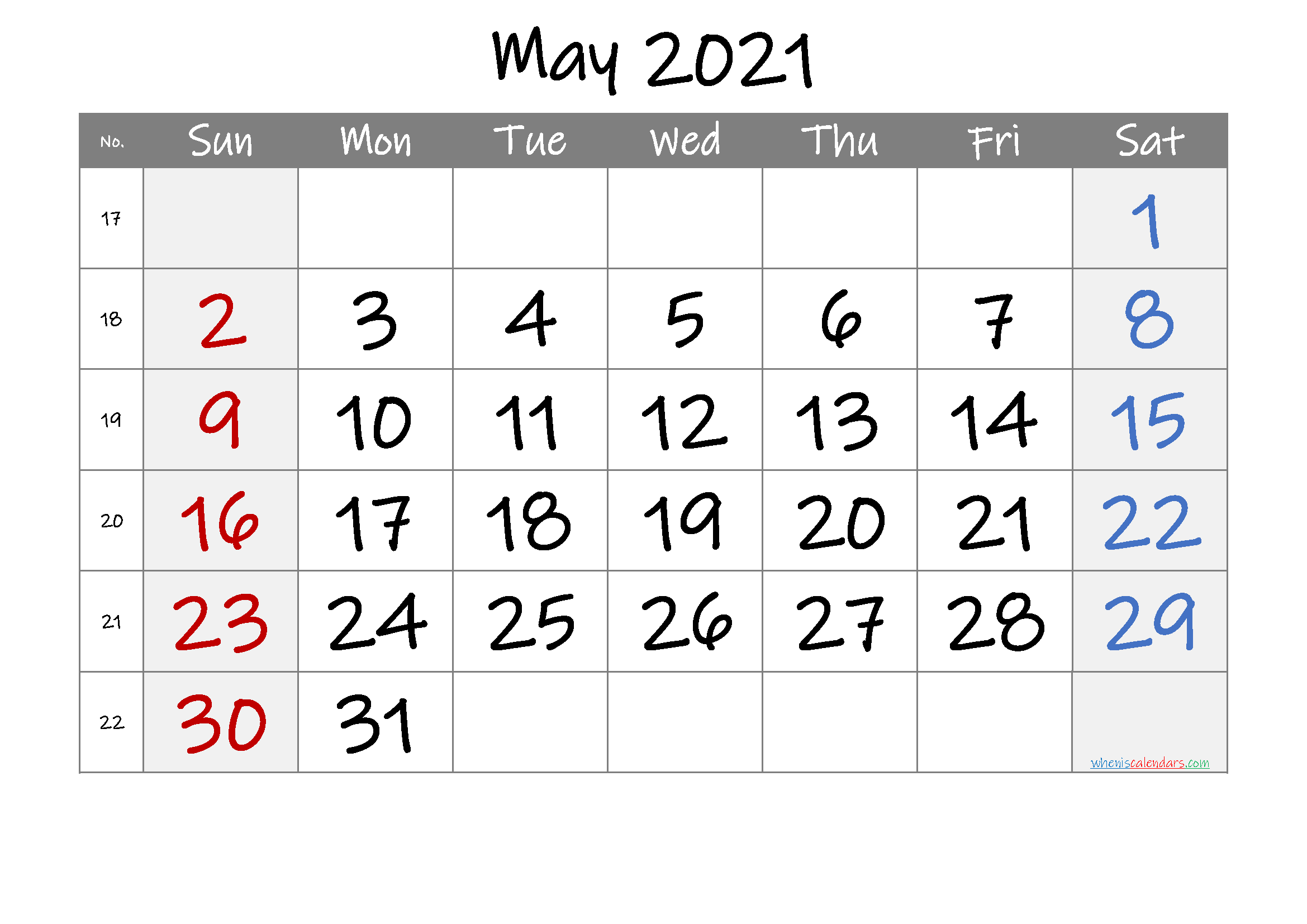 Free Printable 2021 May  Calendar