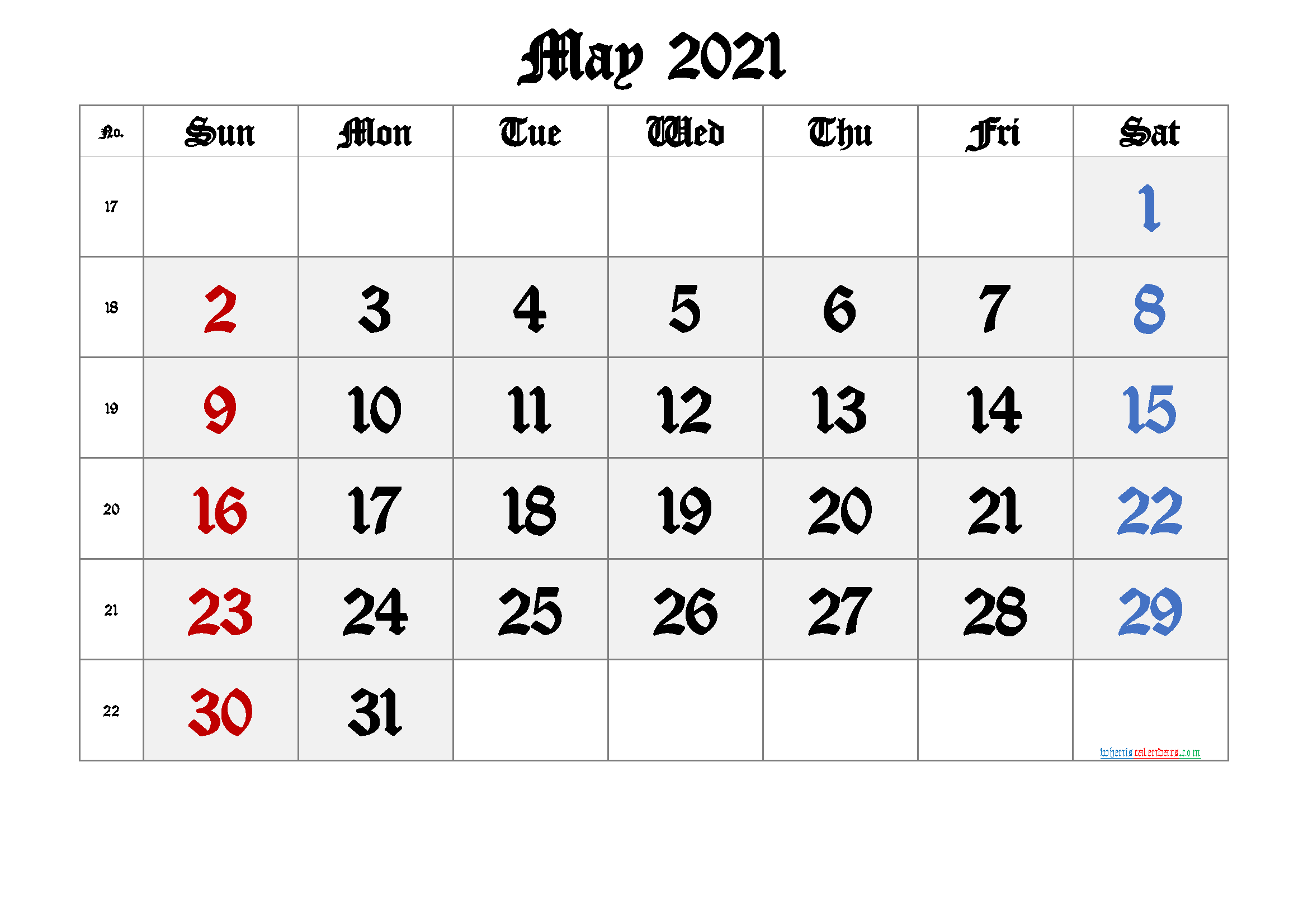 Printable May 2021 Calendar with Week Numbers