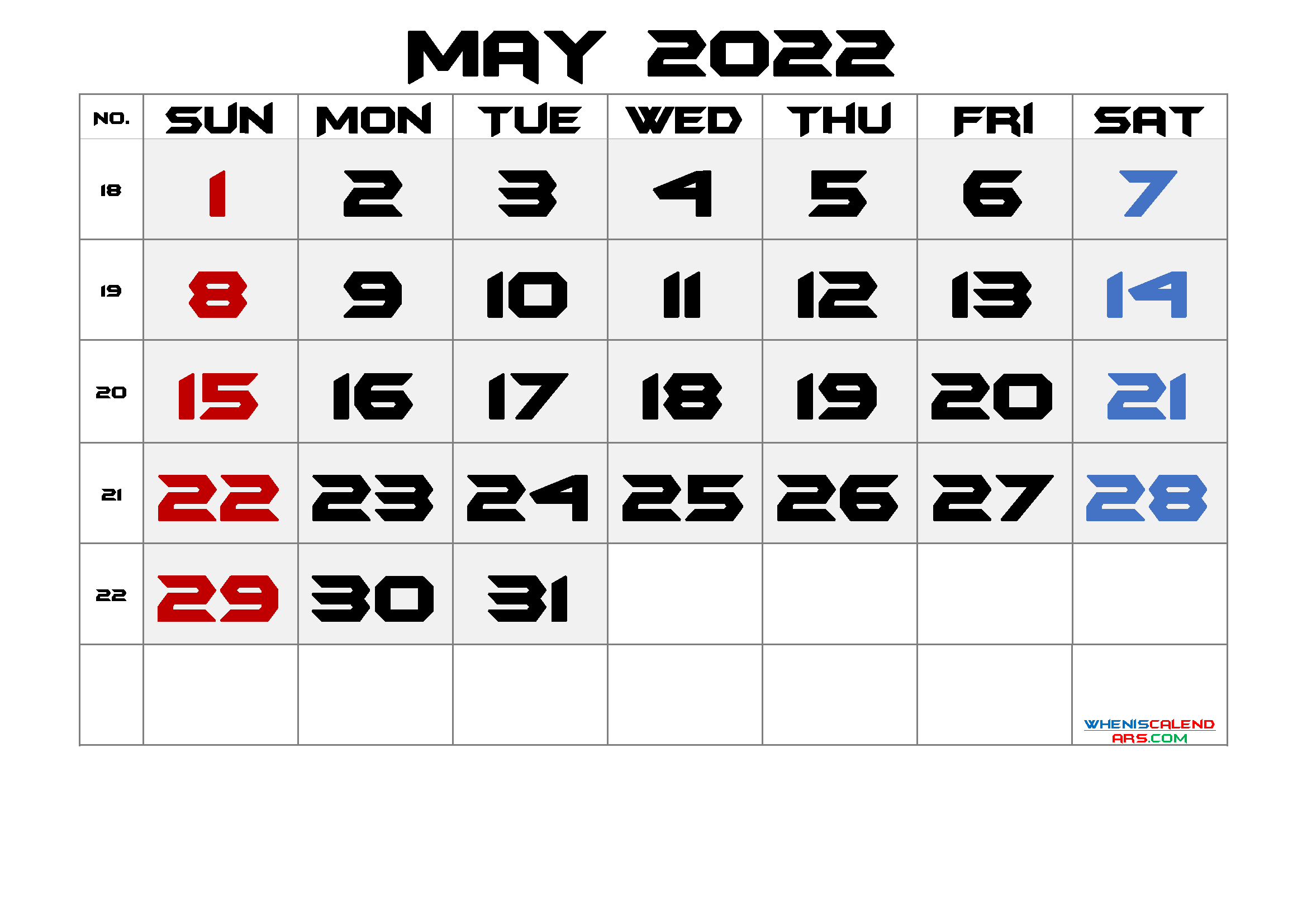 Printable May 2022 Calendar with Week Numbers - Free ...