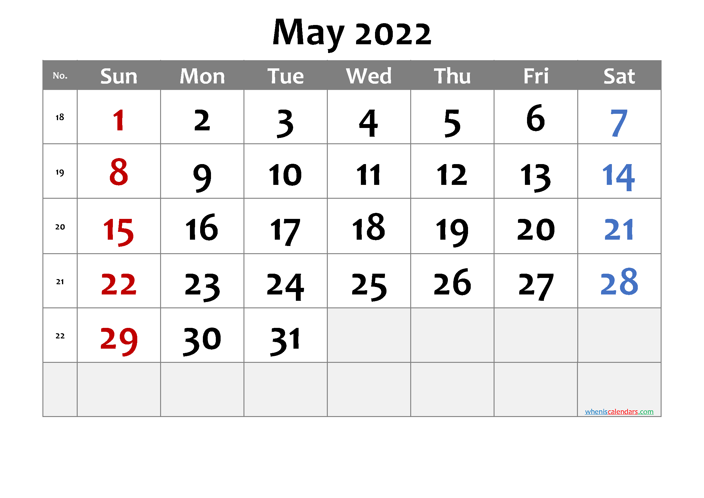 Printable May 2022 Calendar