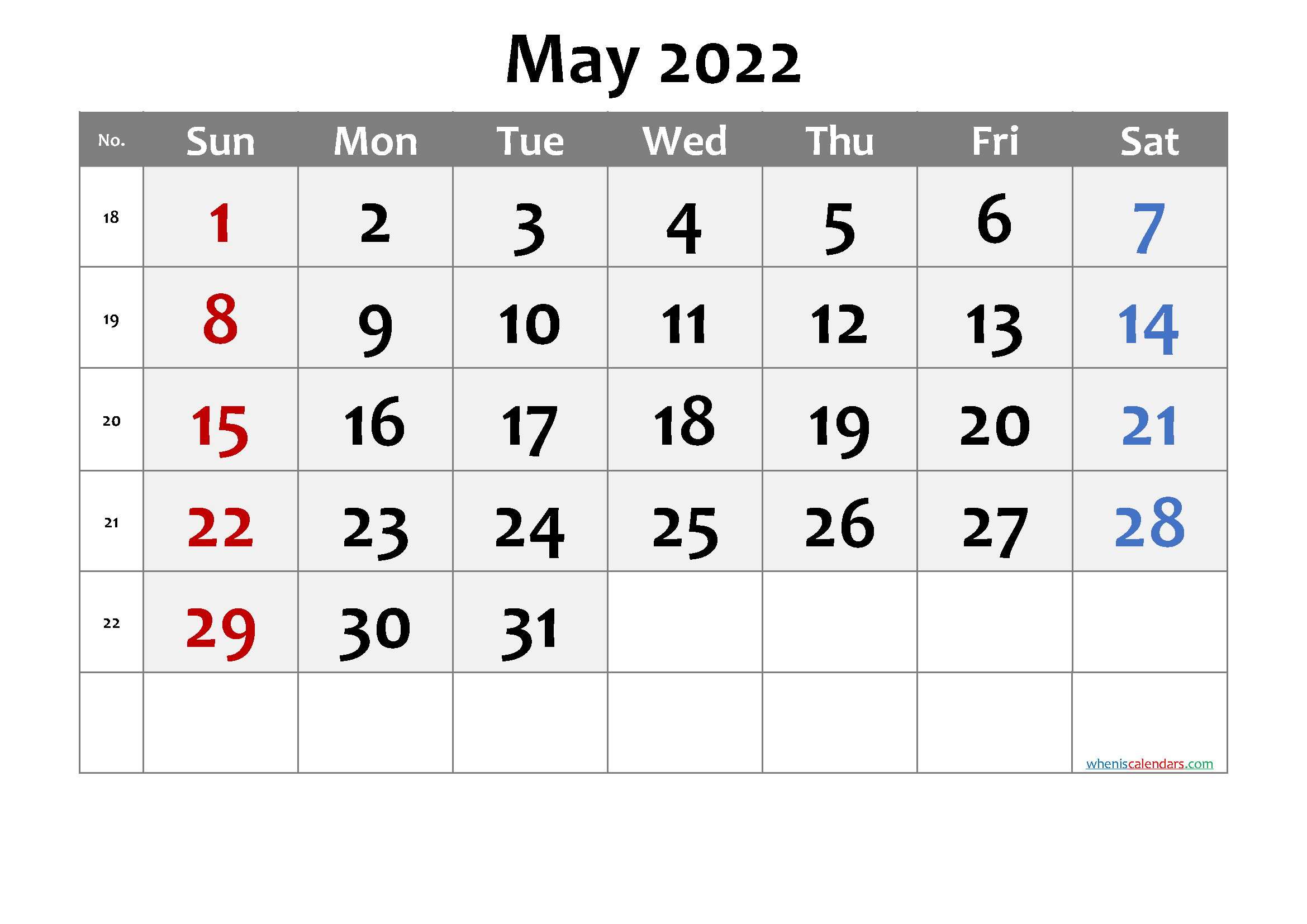 Free Printable 2022 May  Calendar