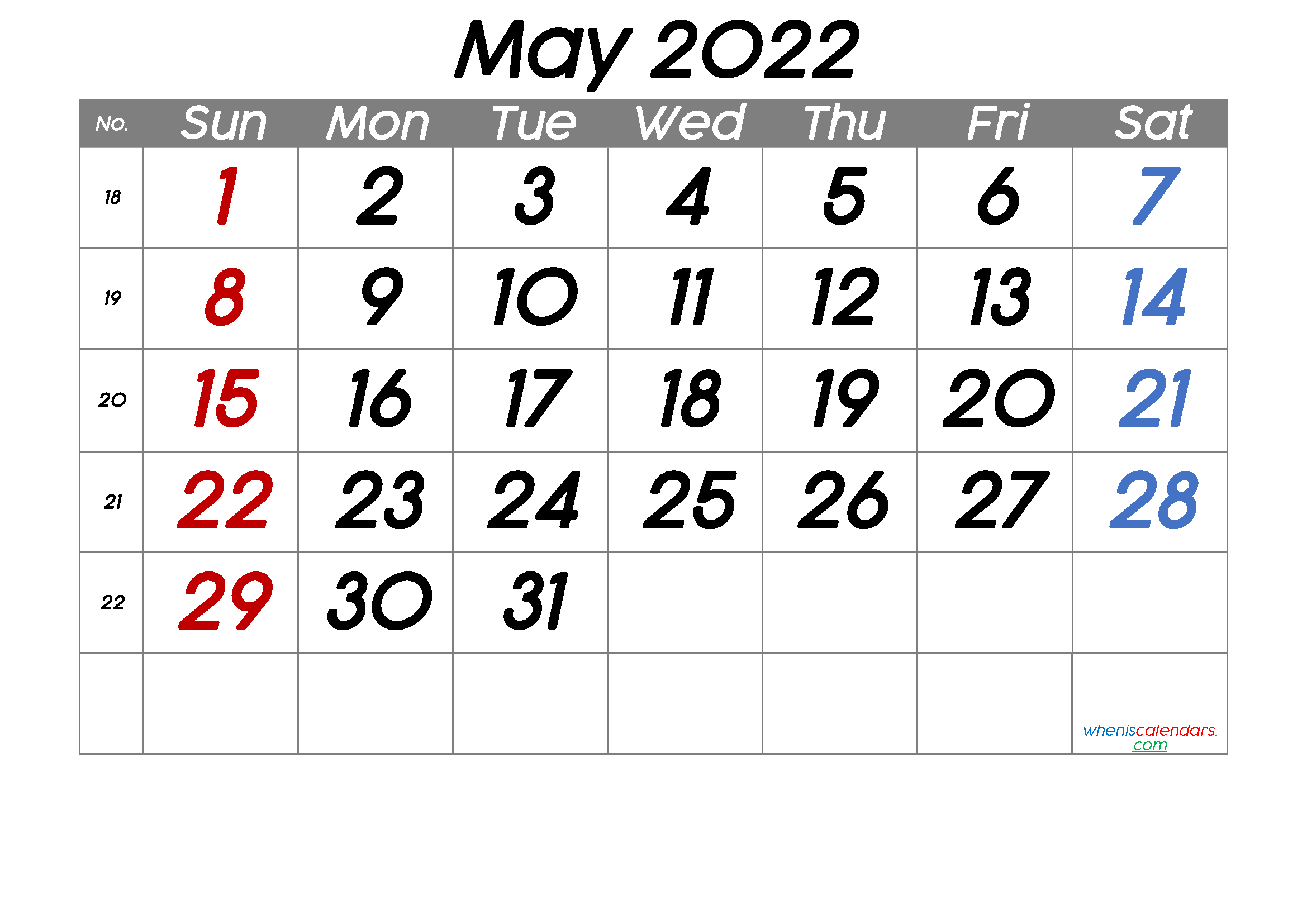 Printable May 2022 Calendar with Week Numbers