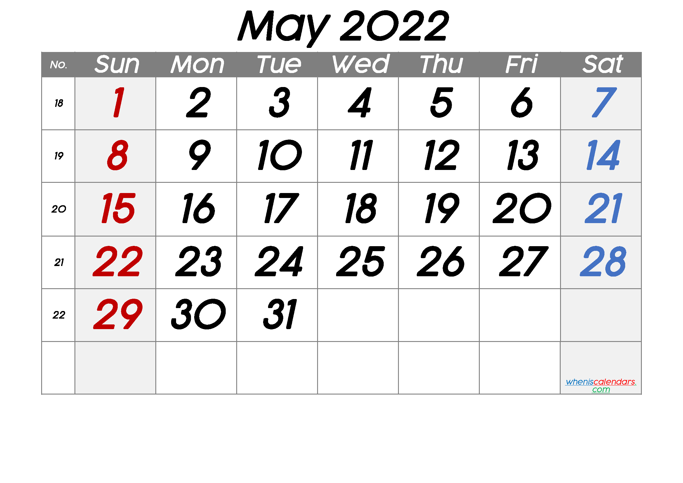 Free May 2022 Calendar with Week Numbers