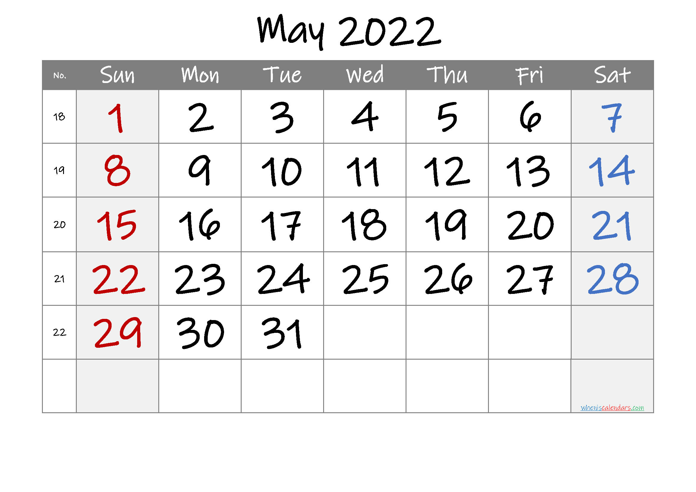 Printable May 2022 Calendar